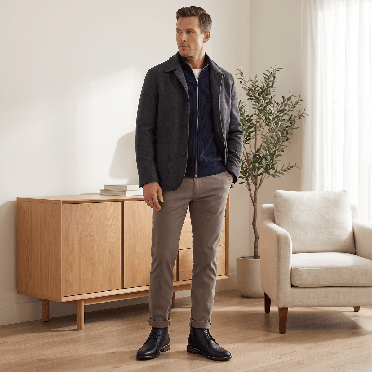 Man standing indoors wearing black vegan leather chukka boots with dark trousers.