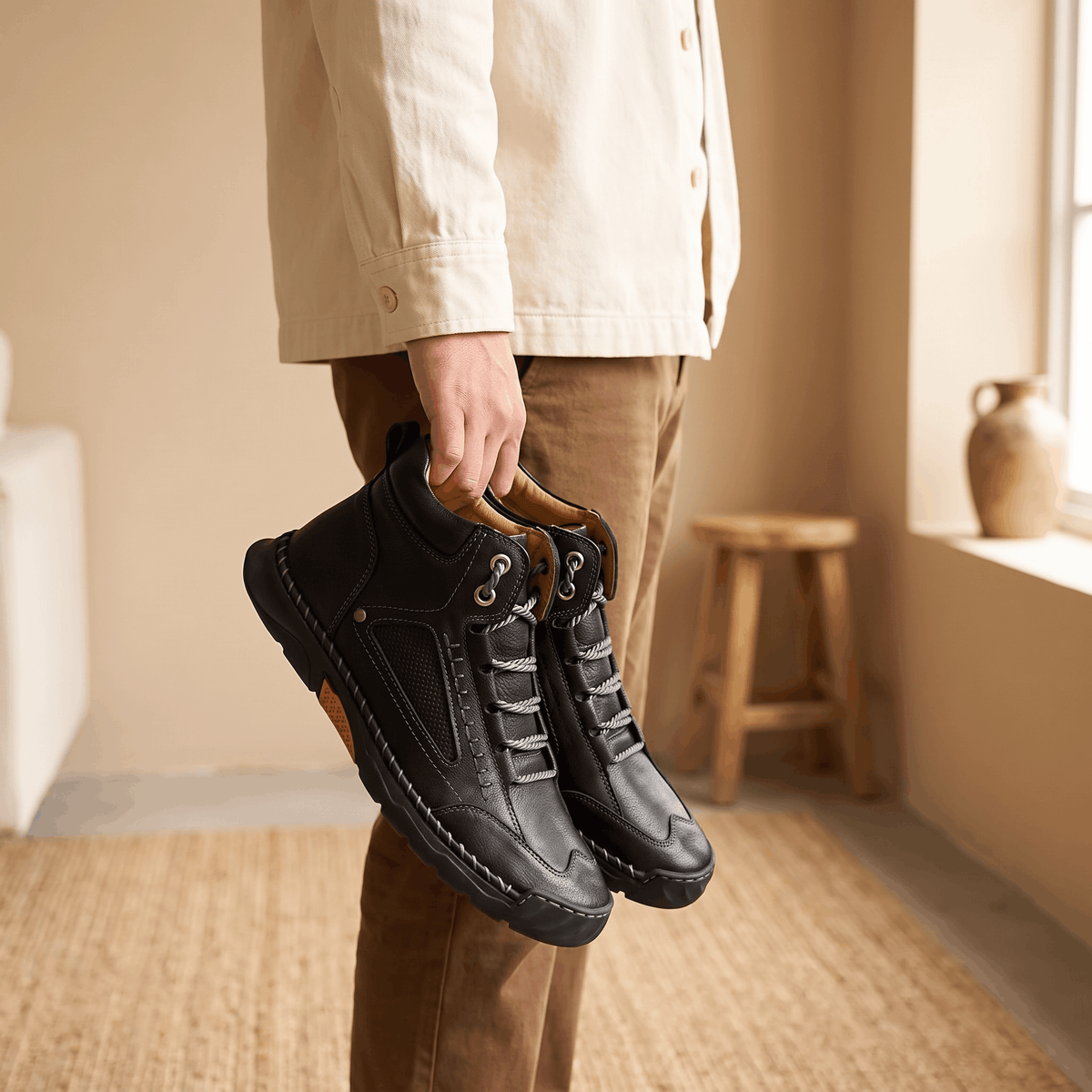 Black vegan leather ankle hiking boots with a wide toe box, lace-up closure, and rugged lug outsole held in a hand.