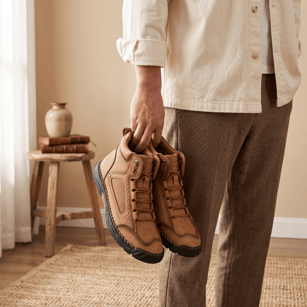 Tan vegan leather hiking boots with a wide toe box, lace-up closure, and rugged lug outsole held in a hand.