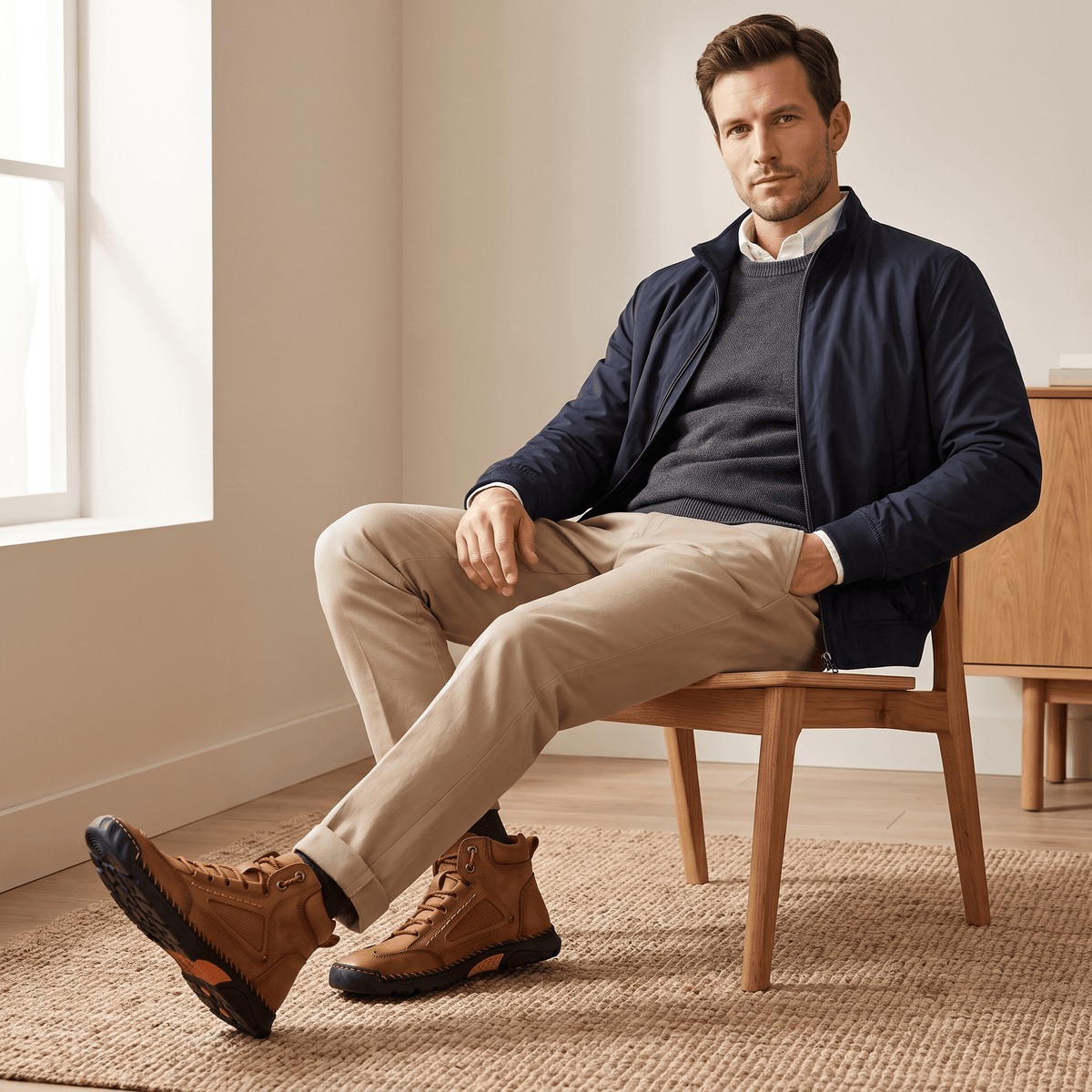 Tan vegan leather ankle hiking boots with a wide toe box, lace-up closure, and rugged lug outsole worn with beige chinos.