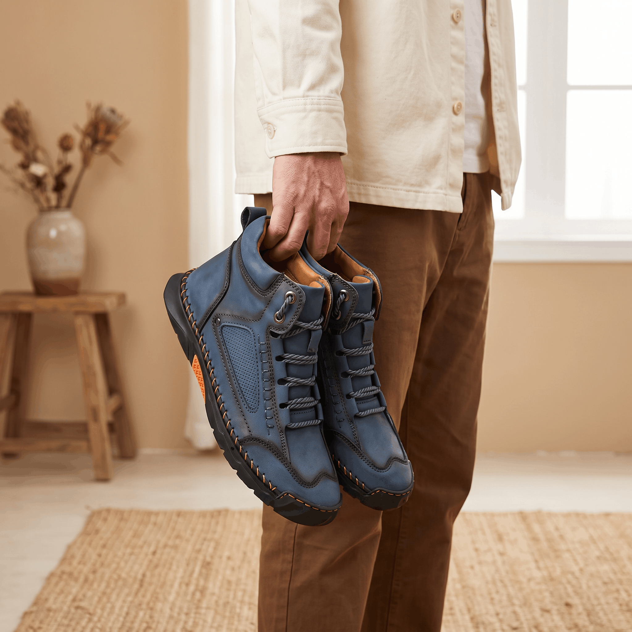 Blue vegan leather ankle hiking boots with a wide toe box, mesh side panels, and a rugged lug outsole held by hand.
