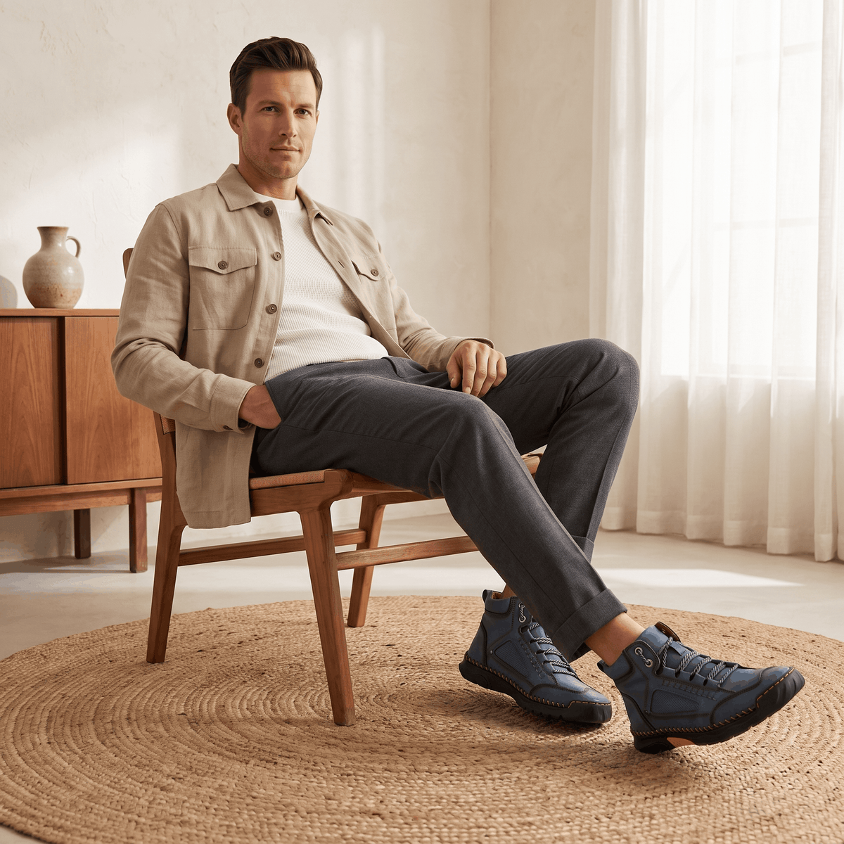 Blue vegan leather hiking boots with a wide toe box, lace-up closure, and rugged lug outsoles worn by a man in a sunlit room.