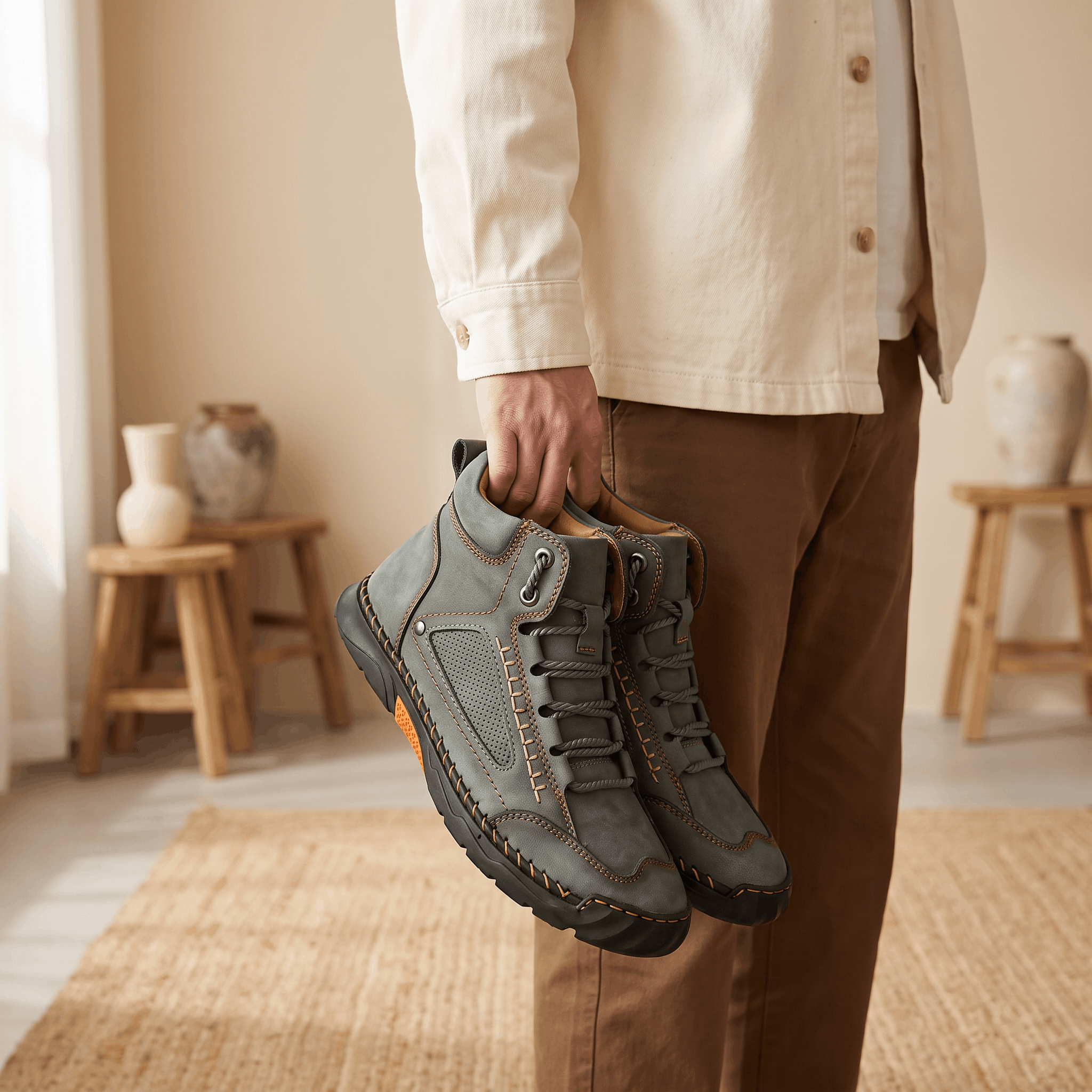 Gray vegan leather hiking boots with a wide toe box, contrast stitching, and a rugged lug outsole held by a person.