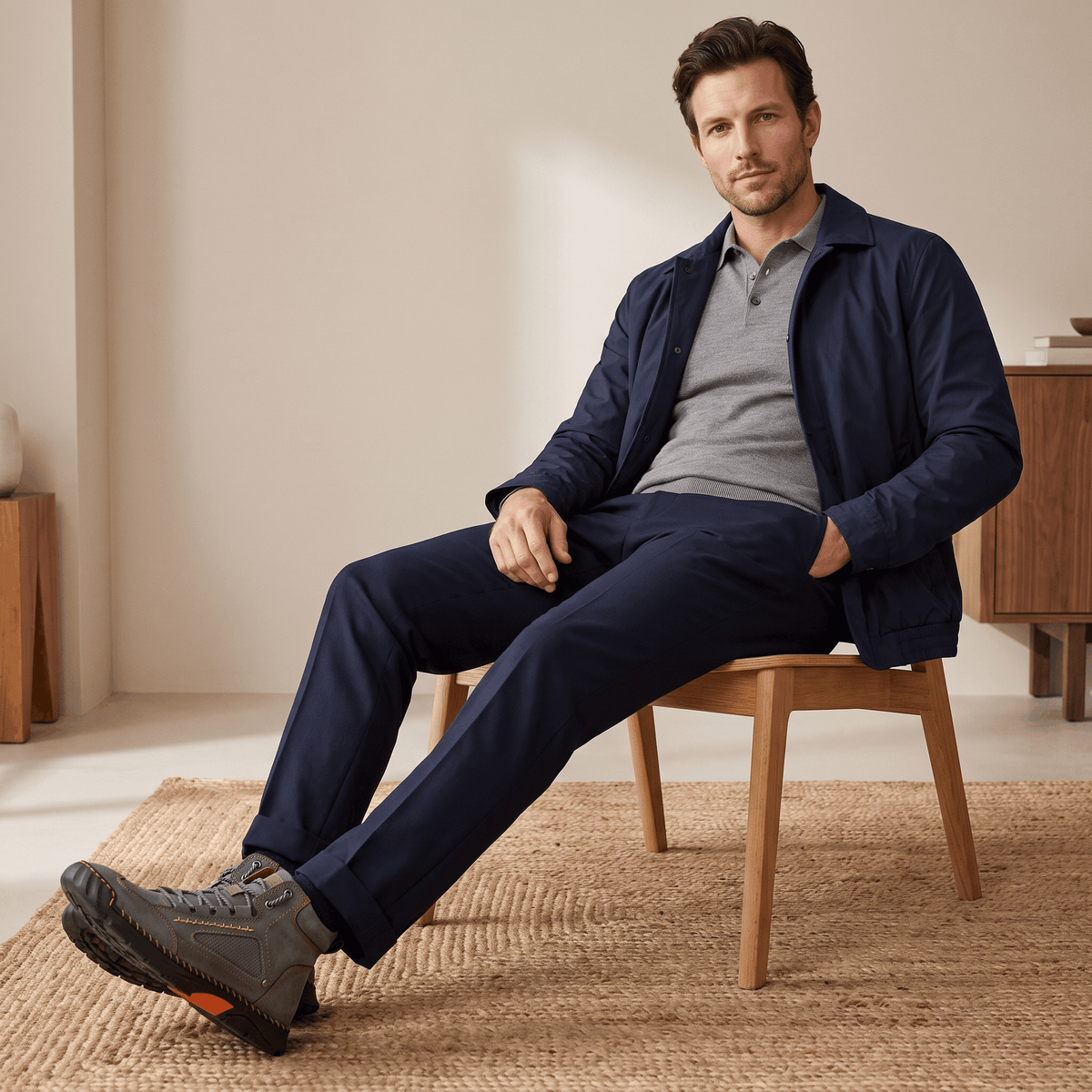 Gray vegan leather hiking boots with a wide toe box, mesh side panels, and a rugged lug outsole worn by a man in a studio.