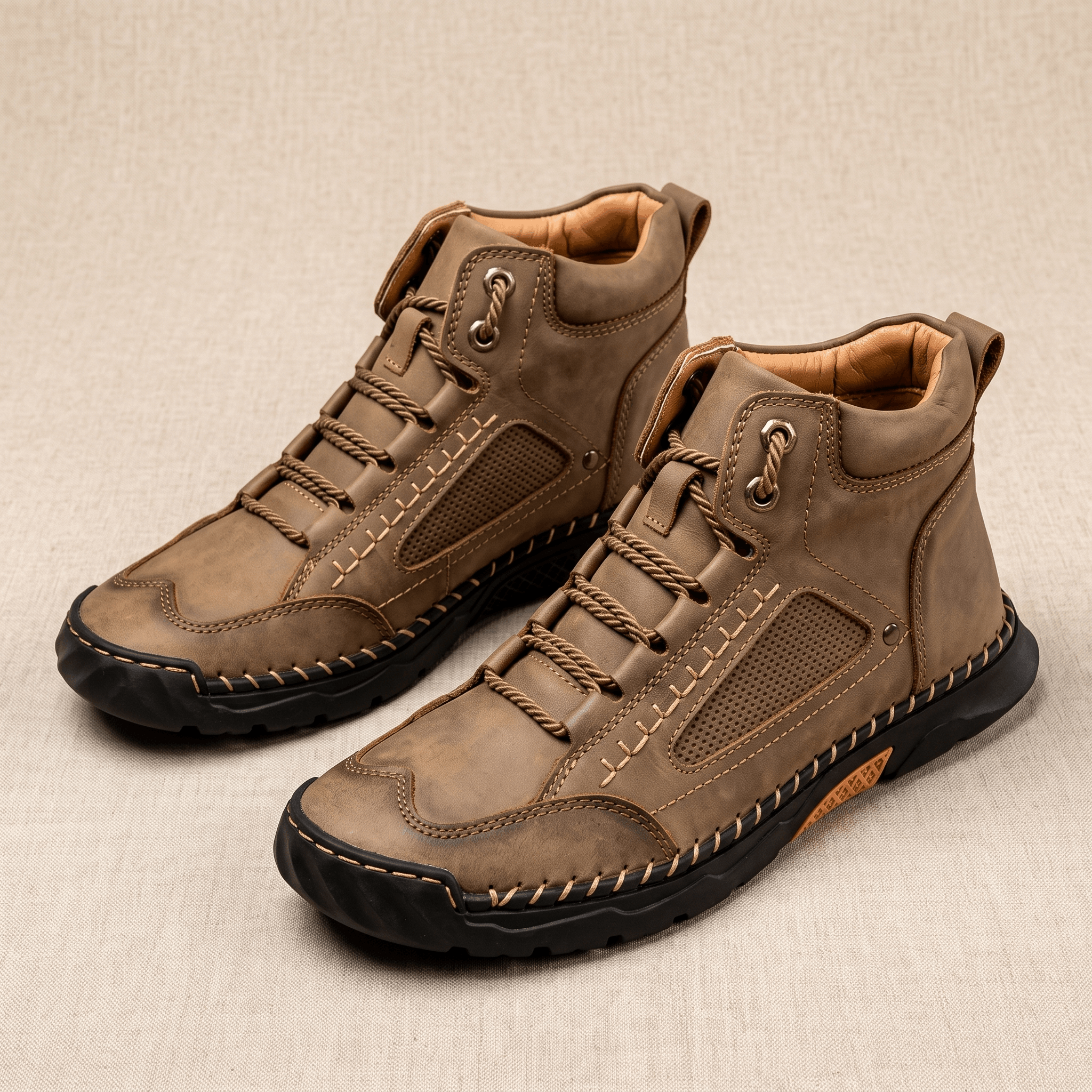 Camel vegan leather ankle hiking boots with a wide toe box, mesh side panels, and a rugged black lug outsole on a neutral surface.