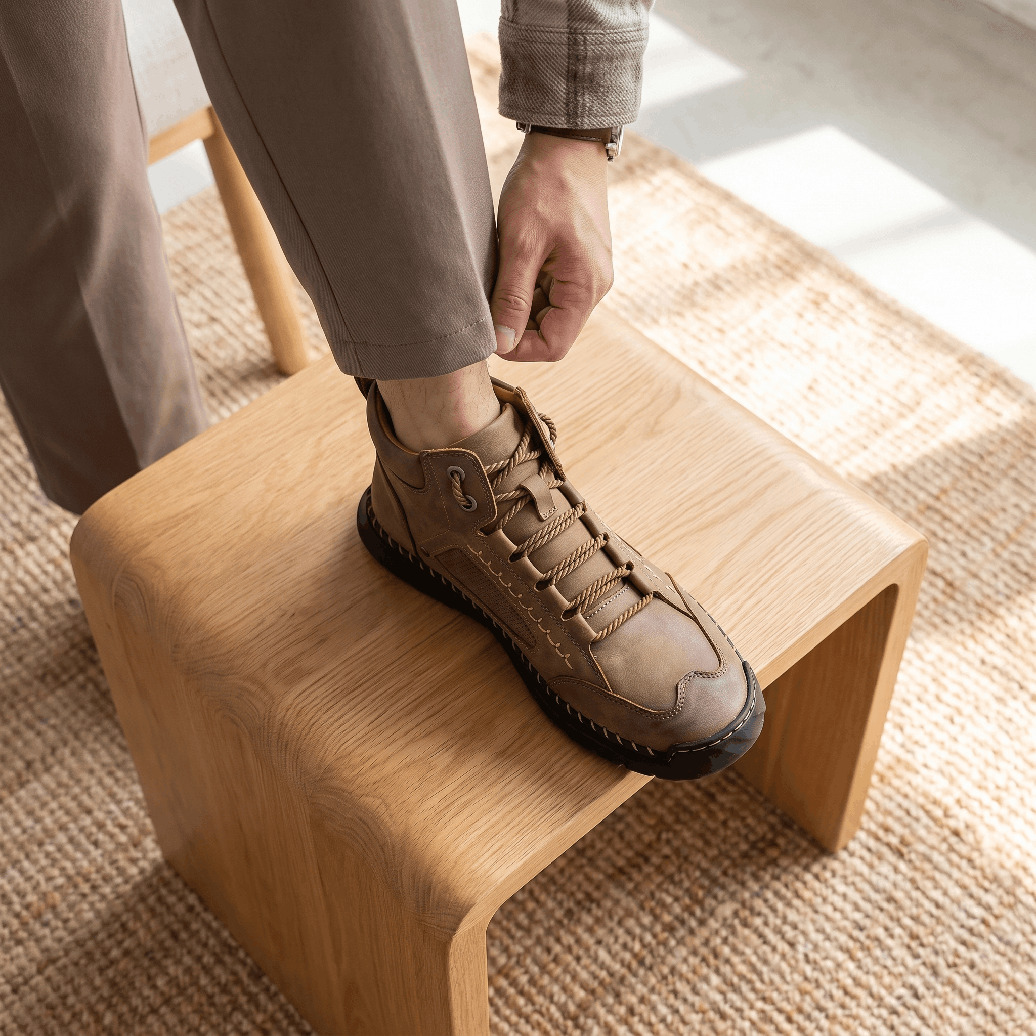 Camel vegan leather ankle hiking boots with a wide toe box, lace-up closure, and rugged lug outsole resting on a wooden stool.