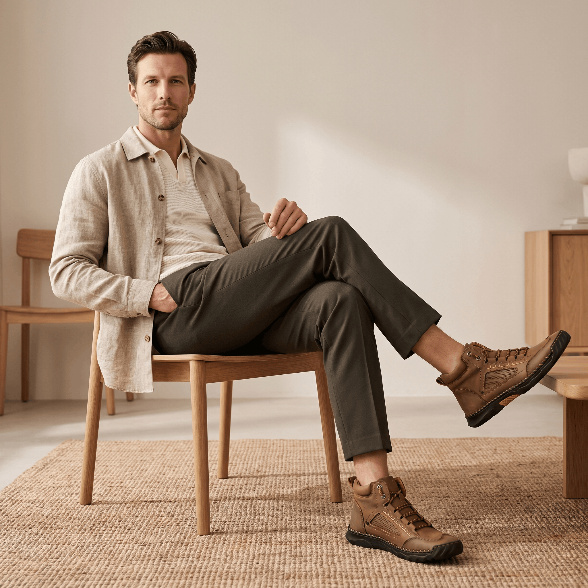 Camel vegan leather hiking boots with a wide toe box, mesh side panels, and a rugged lug outsole worn by a seated man.