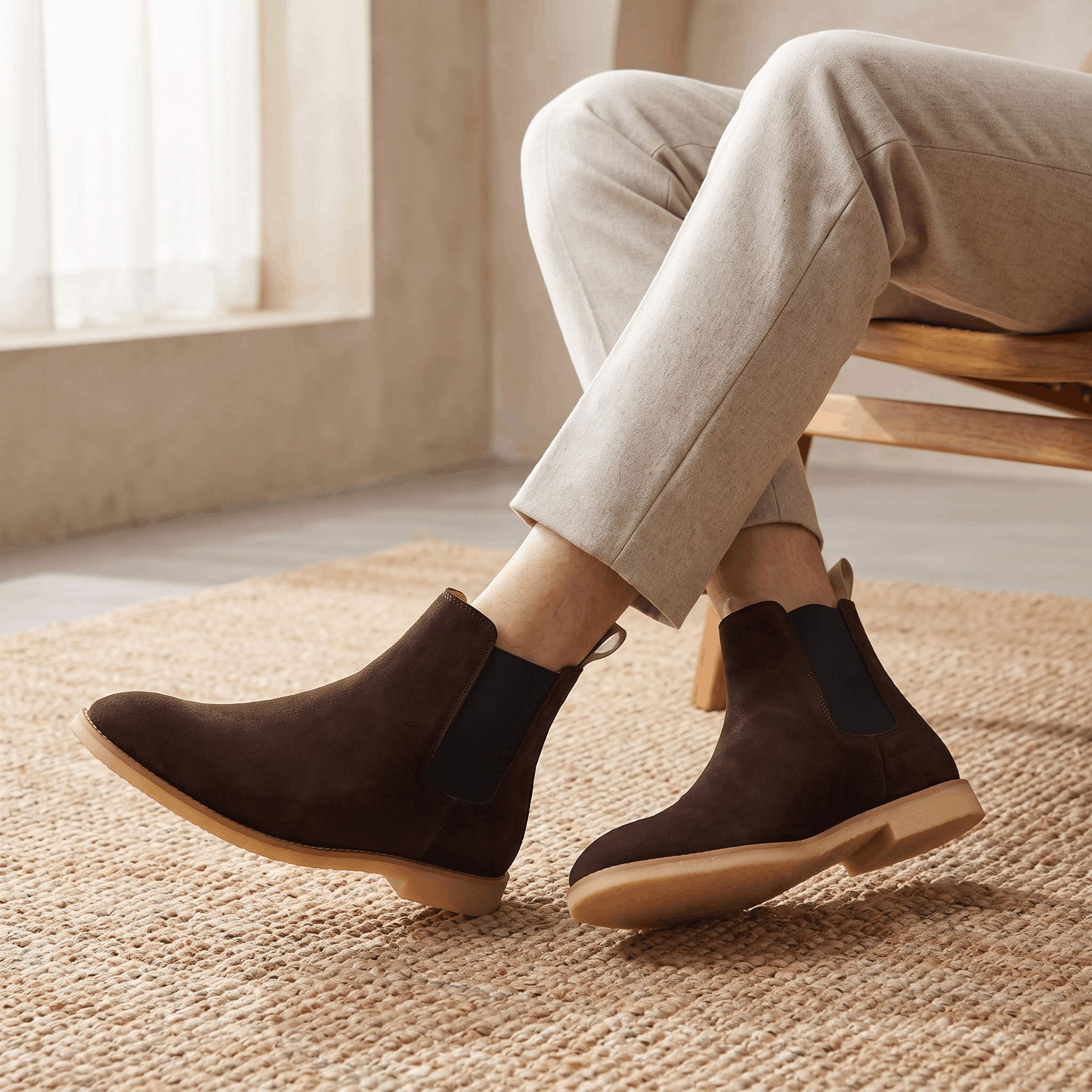 Person wearing dark brown vegan suede Chelsea boots with light trousers, showing the side profile and contrasting sole.