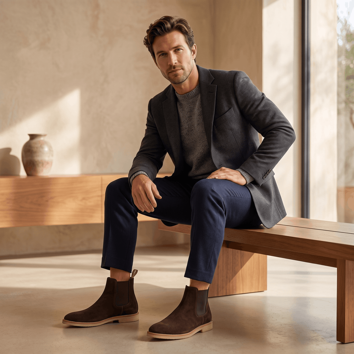 Man seated on a wooden bench wearing dark brown vegan suede Chelsea boots with dark trousers.