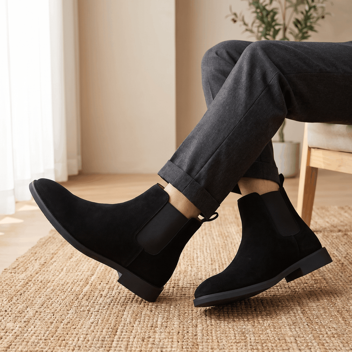 Black vegan suede Chelsea boots with wide elastic gores and a block heel.