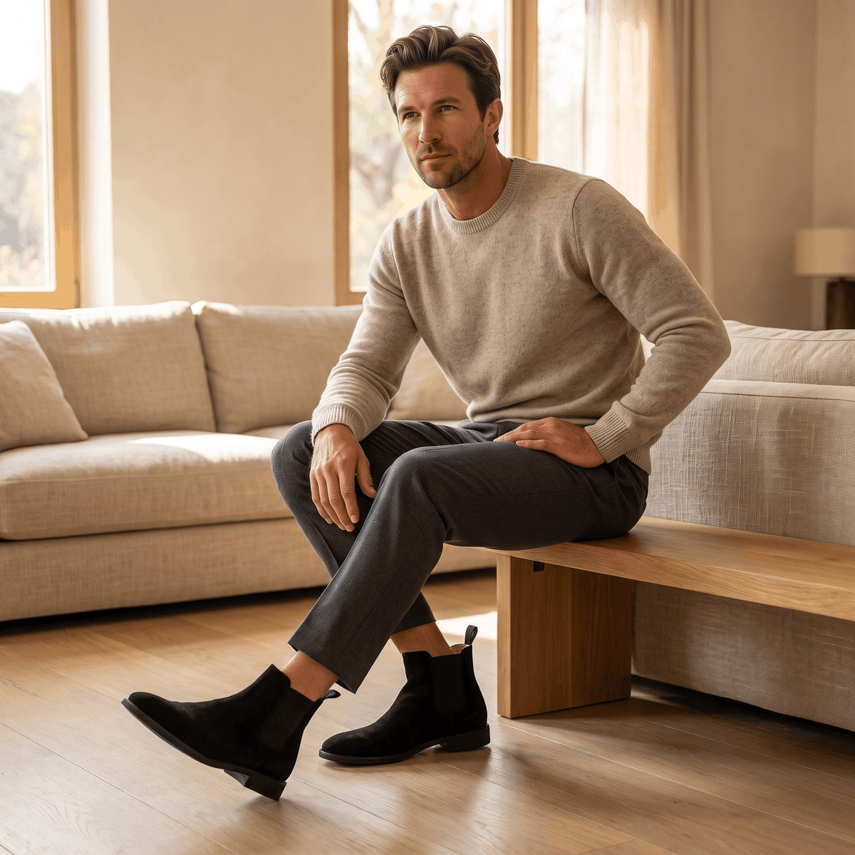 Man seated indoors wearing black vegan suede Chelsea boots with dark trousers and block heels.