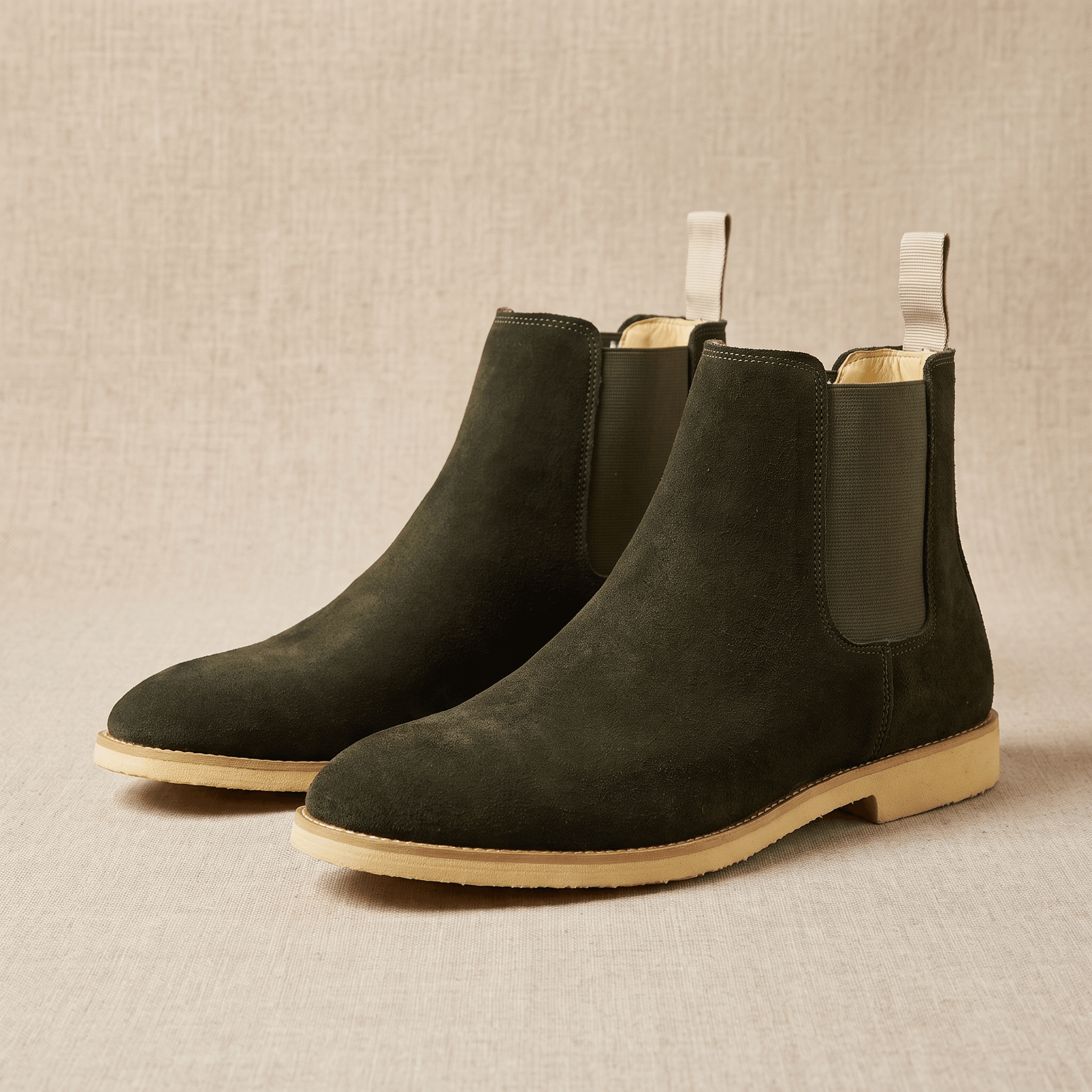 Pair of dark green vegan suede Chelsea boots on a neutral background.