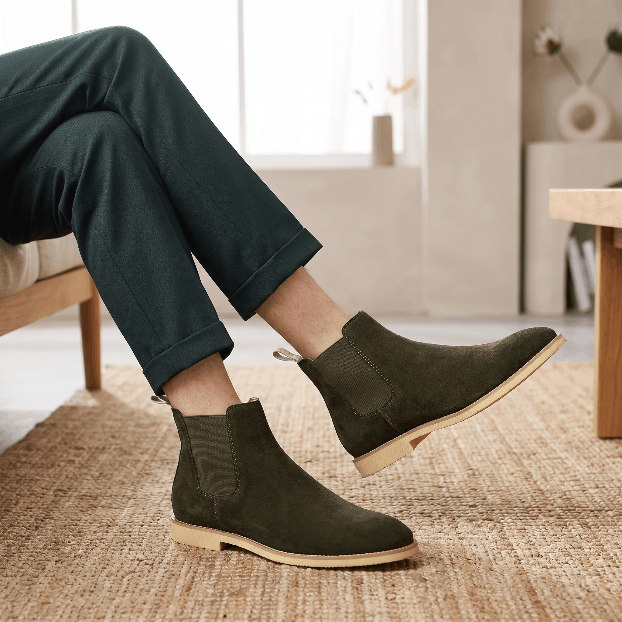 Dark green vegan suede Chelsea boots with wide elastic gores and a block heel.