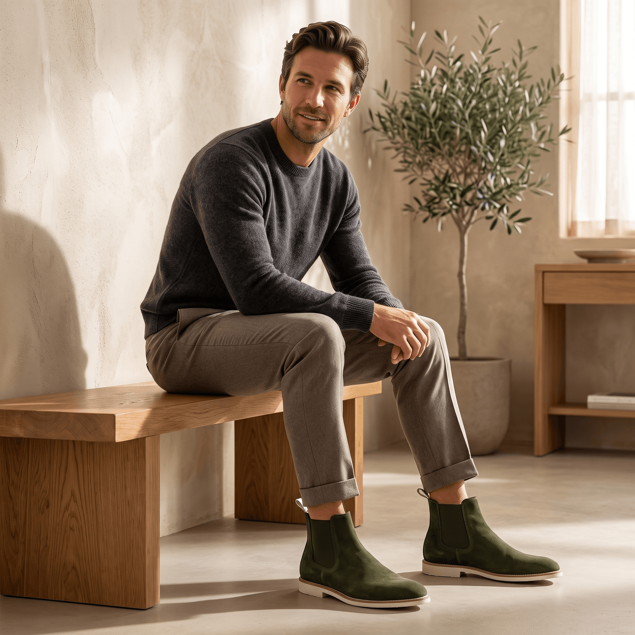 Man sitting on a wooden bench wearing dark green vegan suede Chelsea boots.