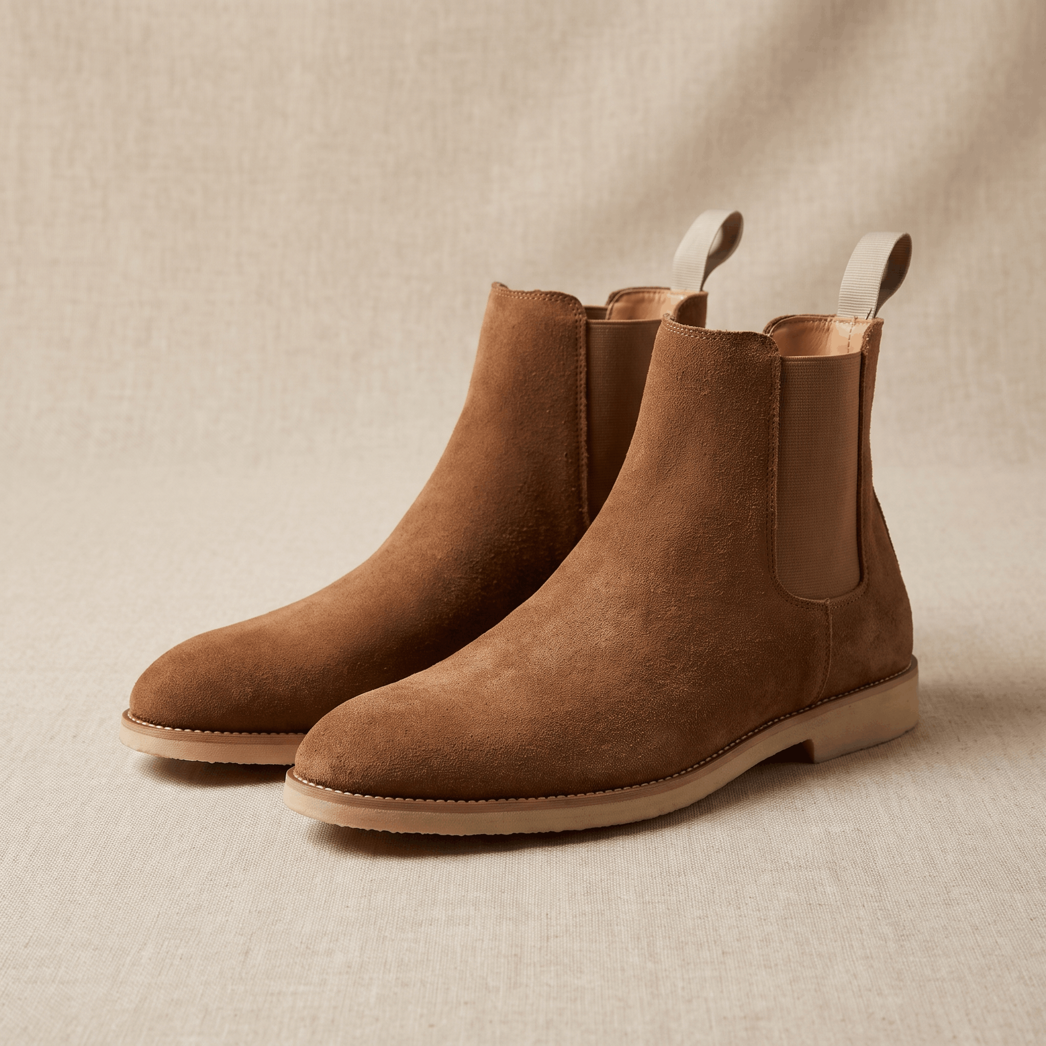 Pair of camel vegan suede Chelsea boots on a neutral textured background.