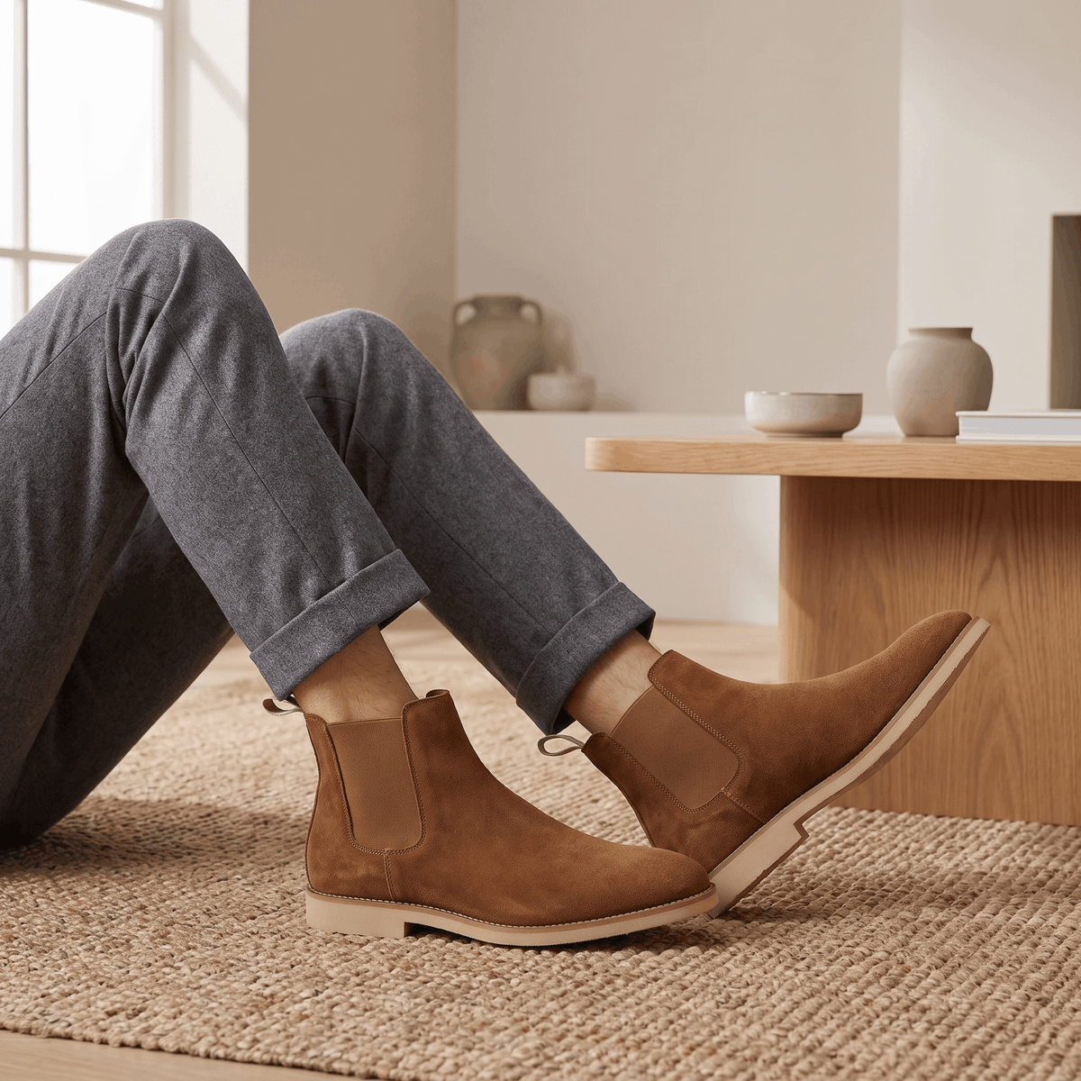 Person wearing camel vegan suede Chelsea boots while seated indoors.