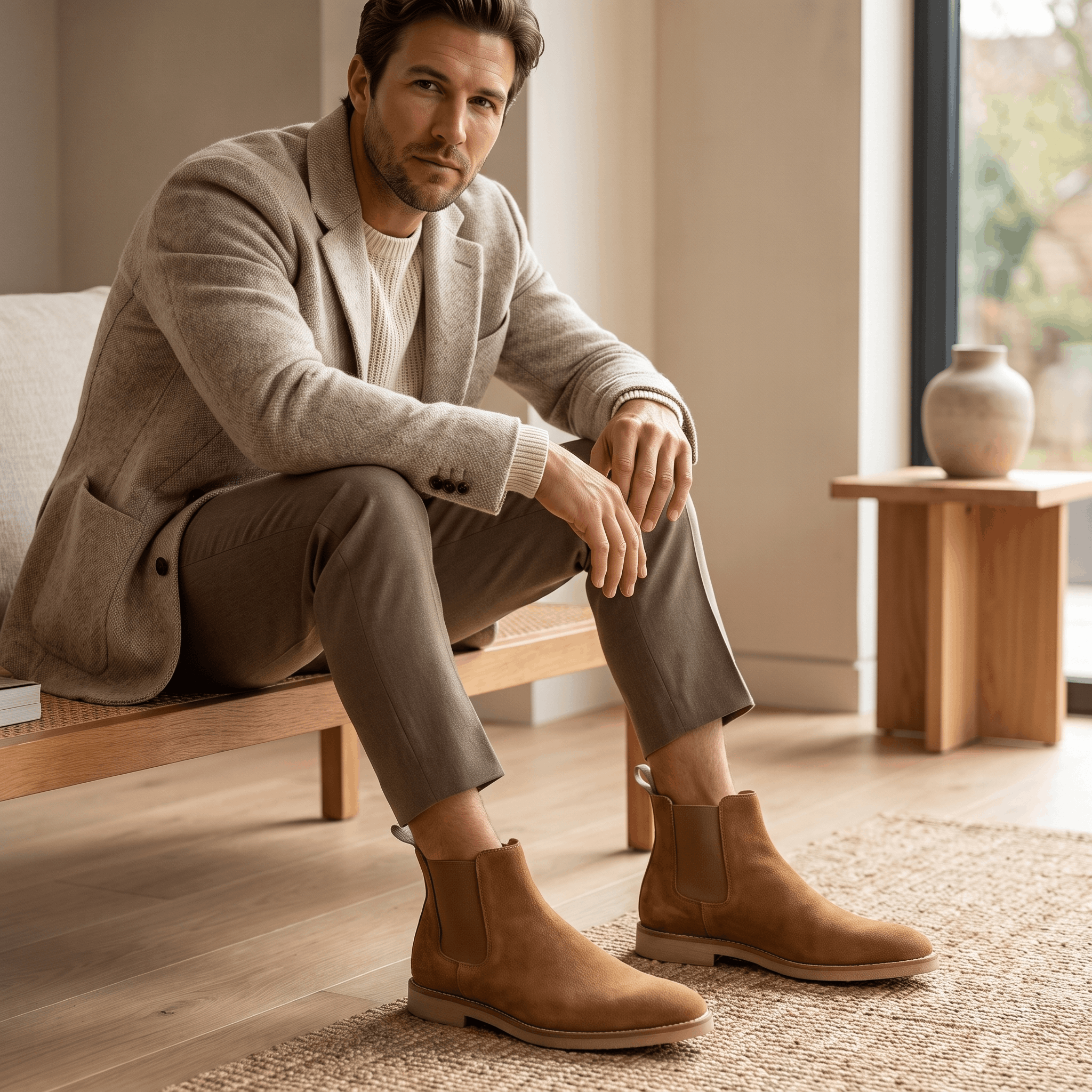 Man sitting on a chair wearing camel vegan suede Chelsea boots.