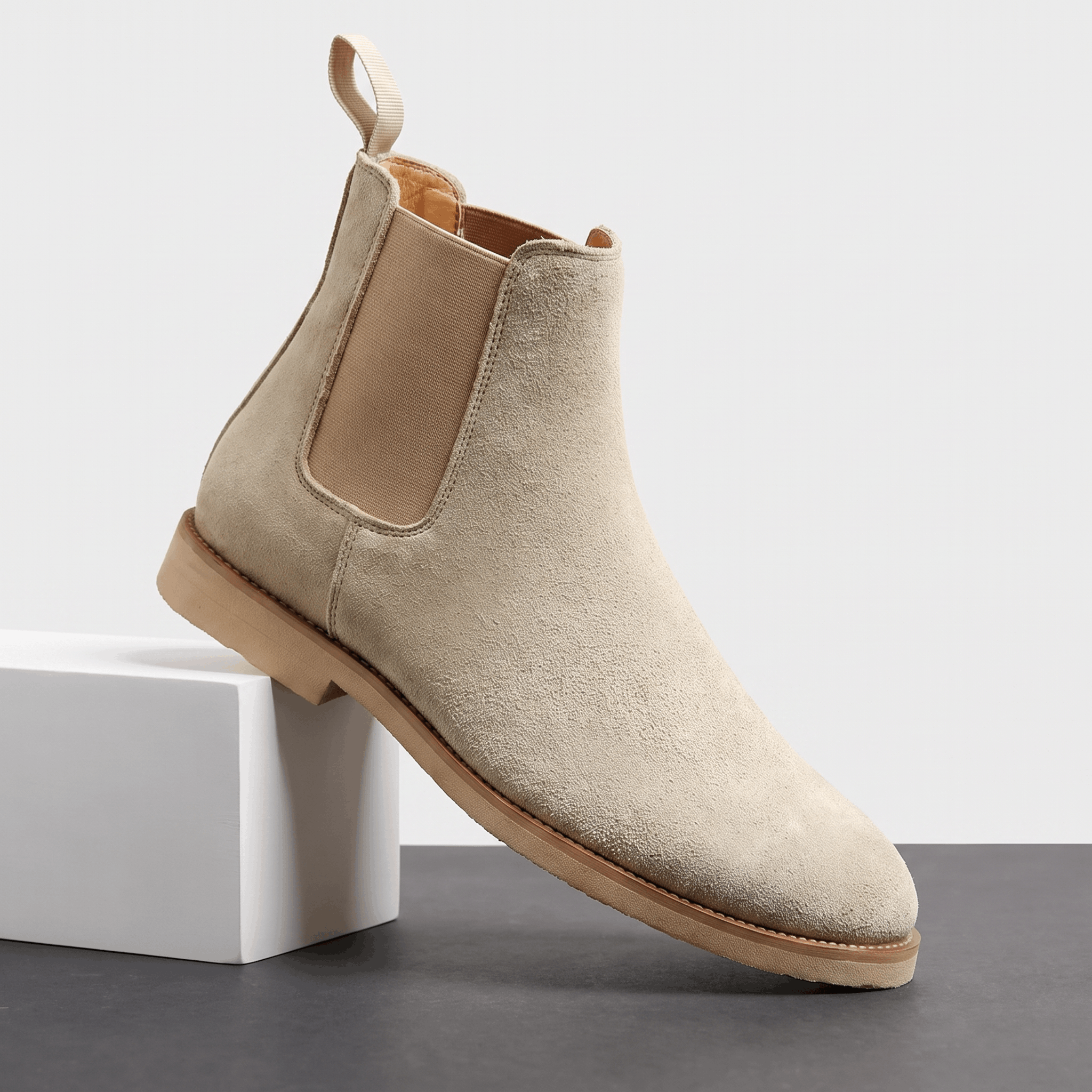 Single beige vegan suede Chelsea boot with a high shaft and block heel, displayed on a white pedestal.