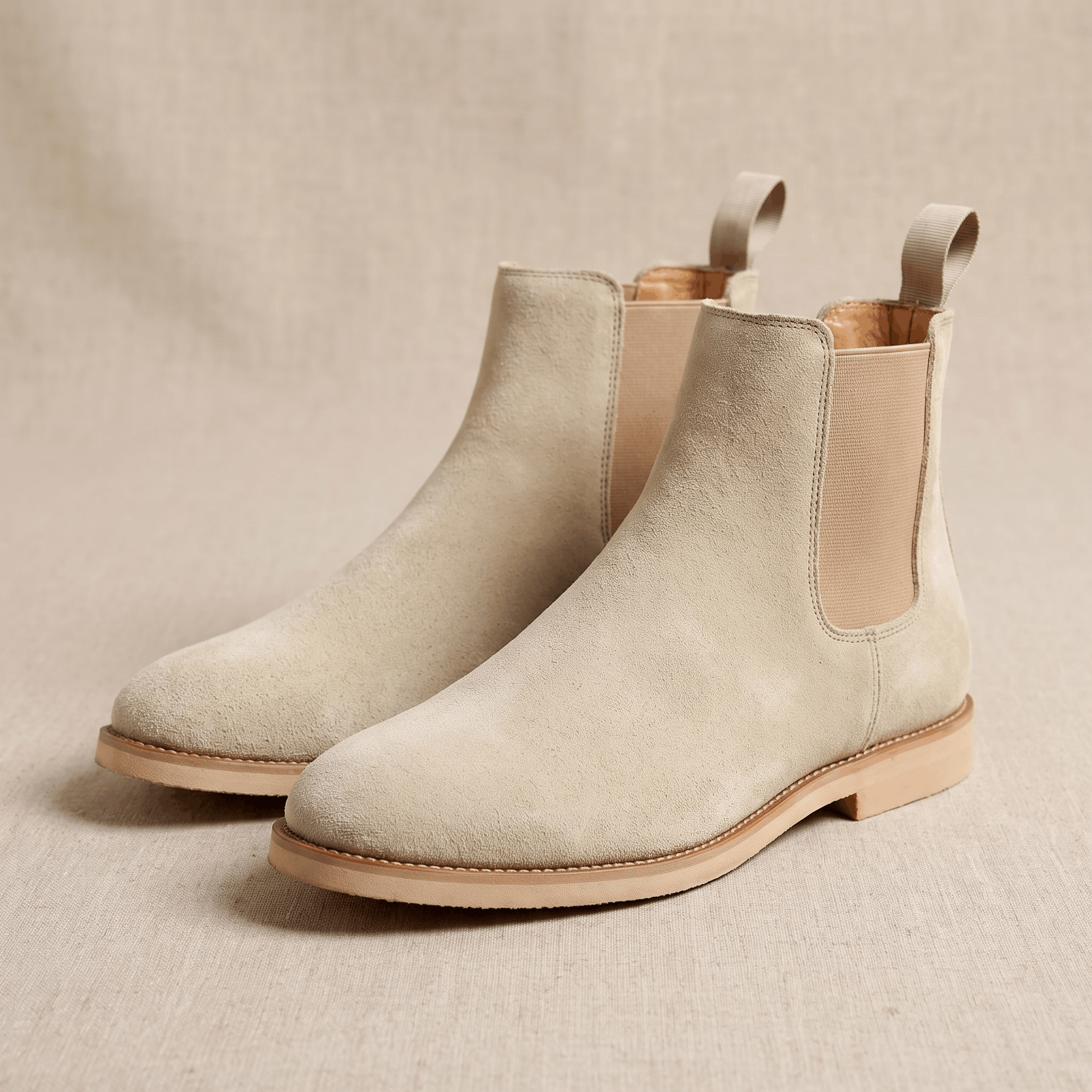Pair of beige vegan suede Chelsea boots on a neutral background.