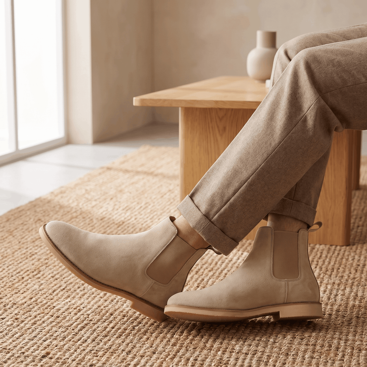 Person wearing beige vegan suede Chelsea boots while seated indoors.