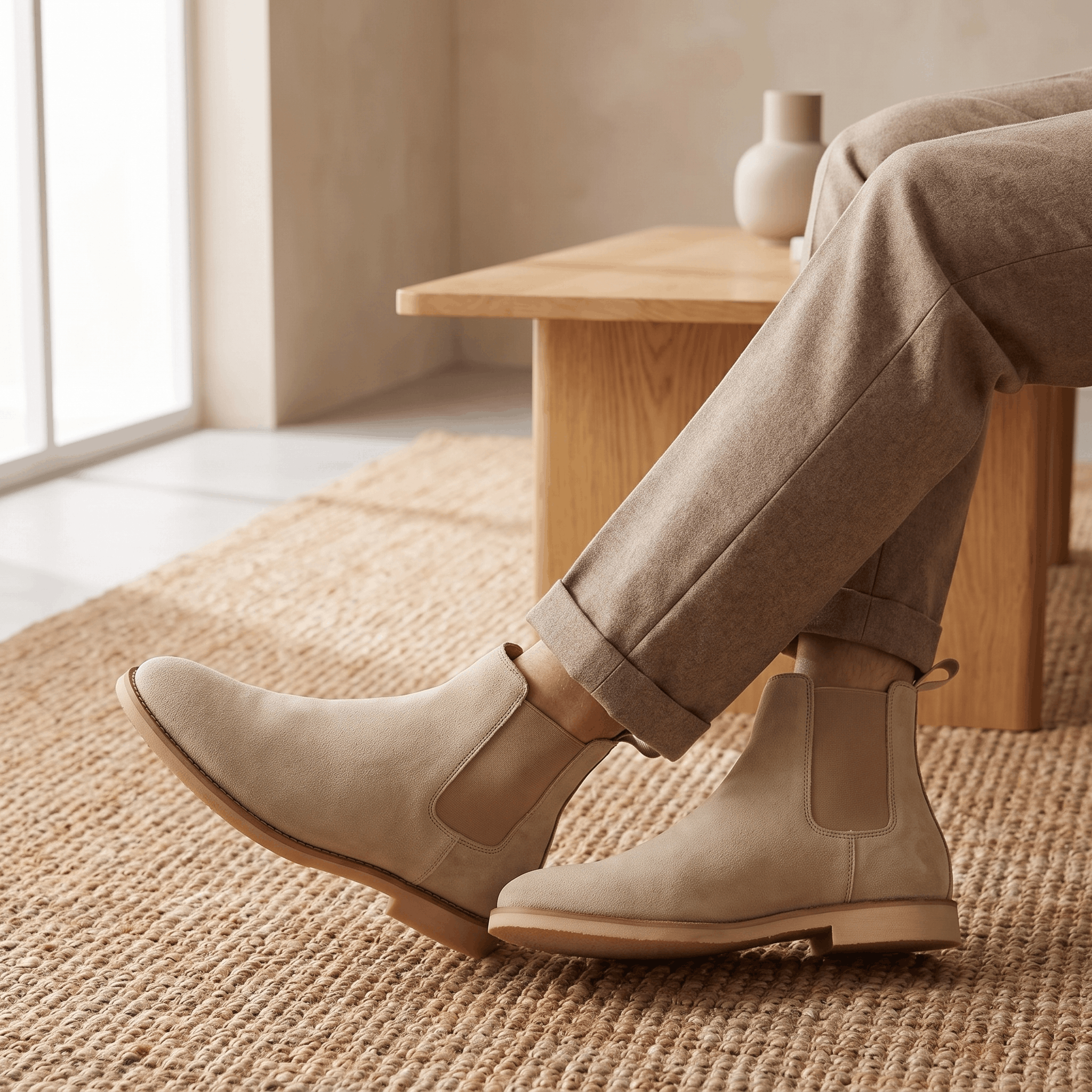 Person wearing beige vegan suede Chelsea boots while seated indoors.