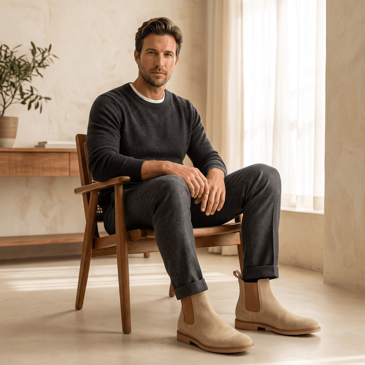 Man sitting on a wooden chair wearing beige vegan suede Chelsea boots.