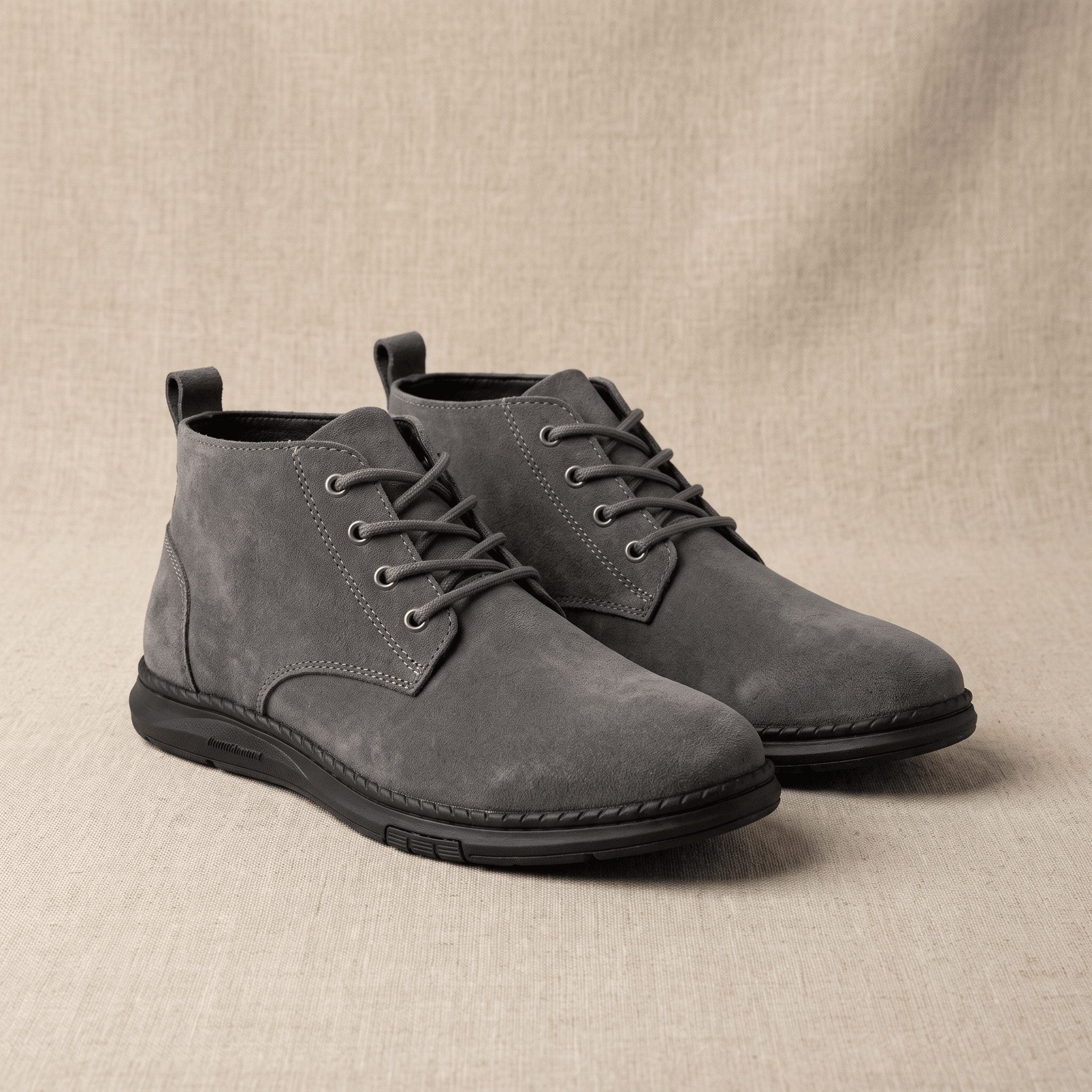 Pair of gray vegan suede lace-up chukka boots displayed on a neutral background.