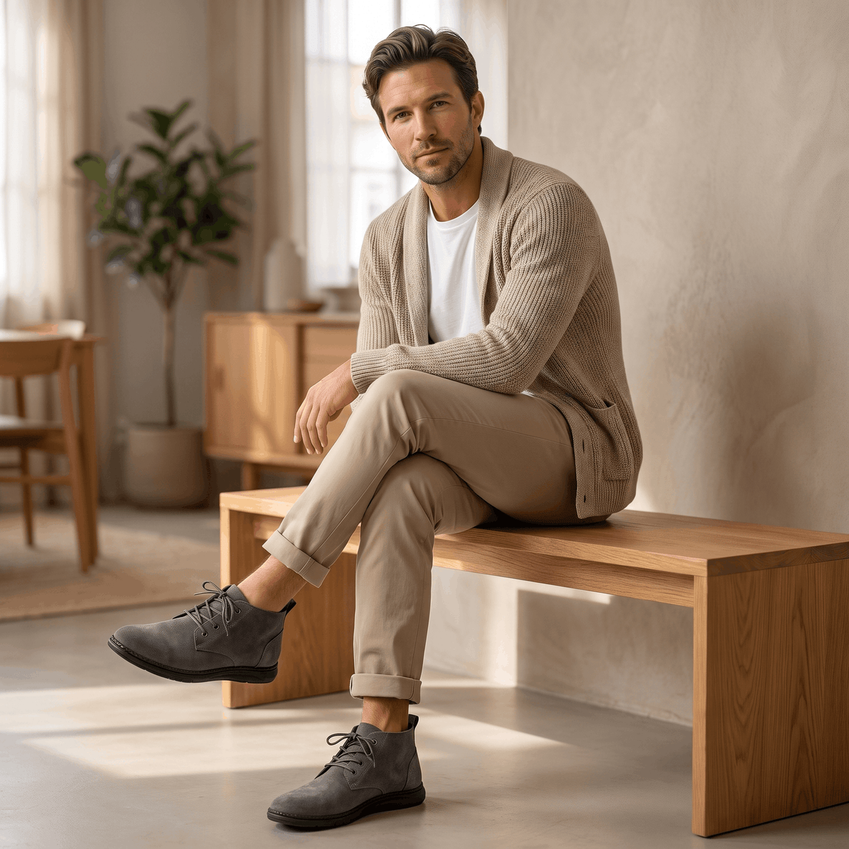 Man seated indoors wearing gray vegan suede chukka boots with beige trousers.