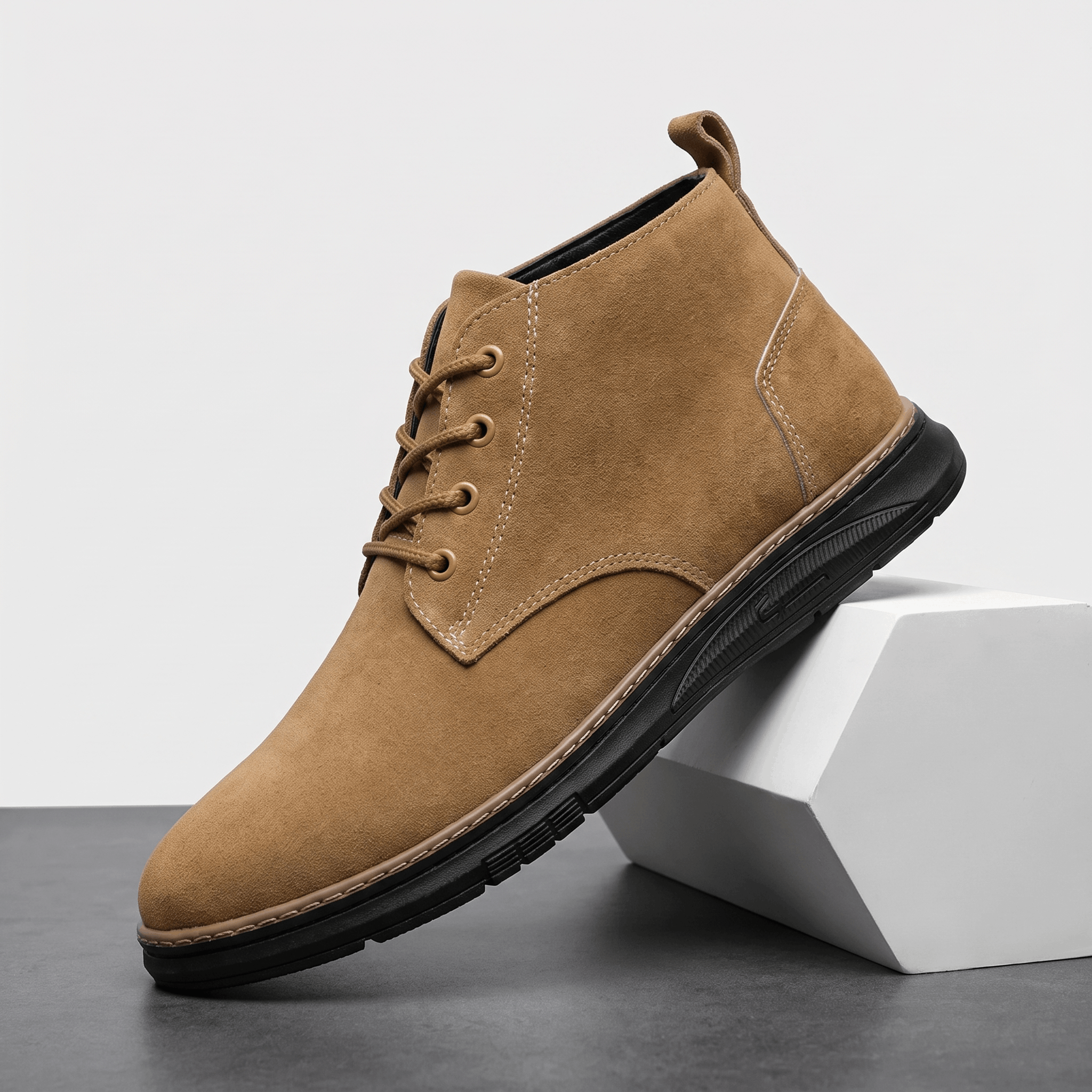 Camel vegan suede lace-up chukka boot displayed on a white pedestal.