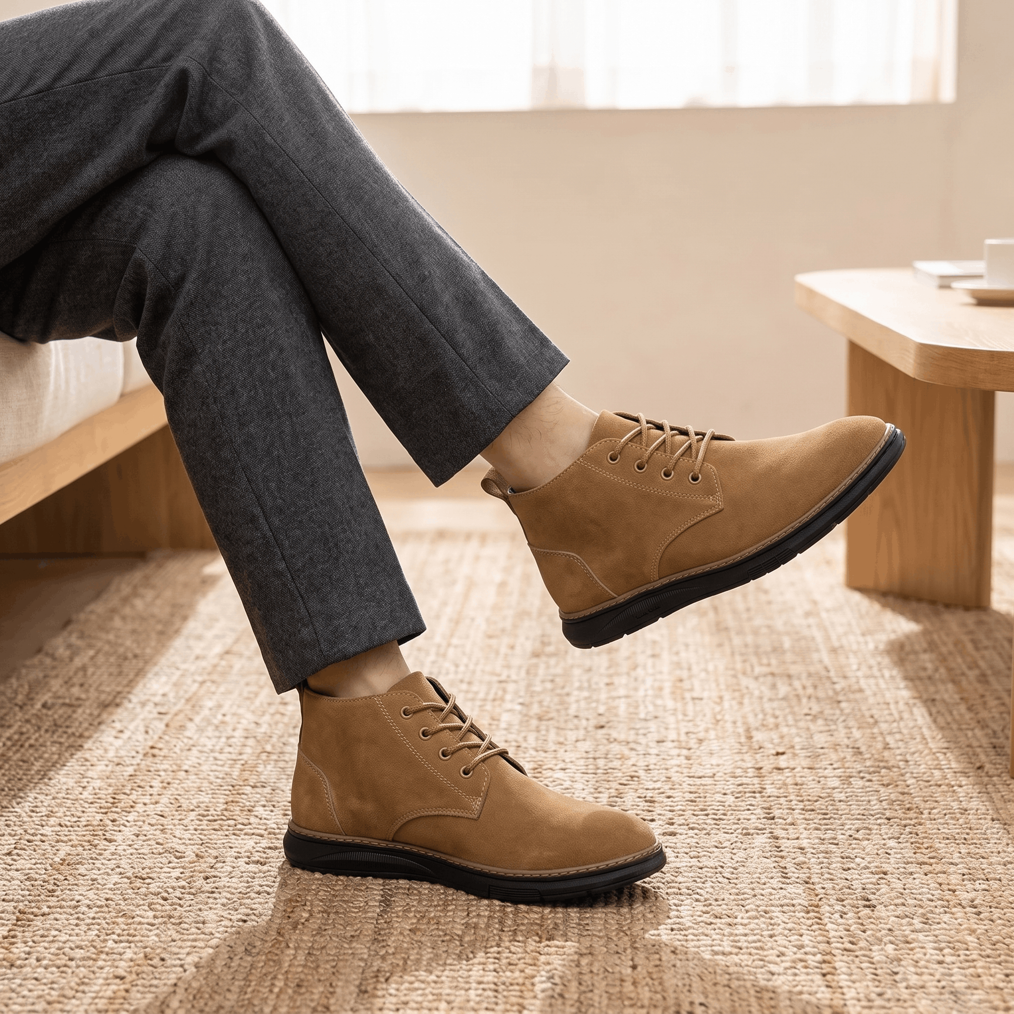 Camel vegan suede chukka boots with cushioned soles worn with dark trousers.