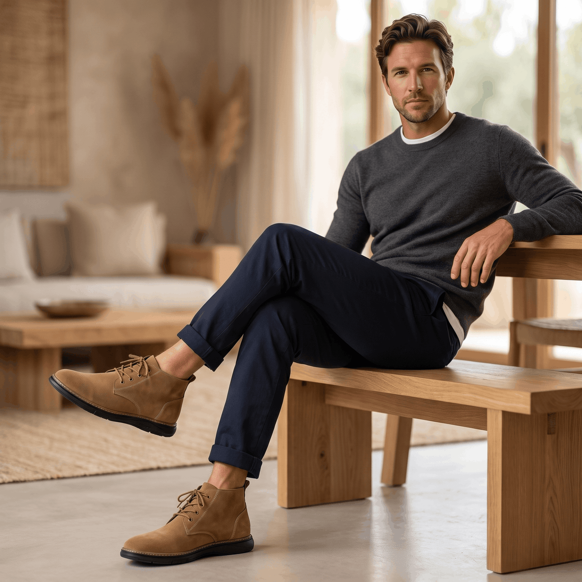 Man seated indoors wearing camel vegan suede chukka boots with dark trousers.