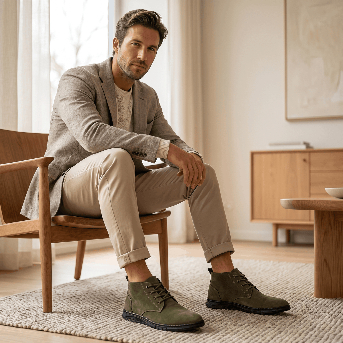 Man seated indoors wearing olive green vegan suede chukka boots with beige trousers.