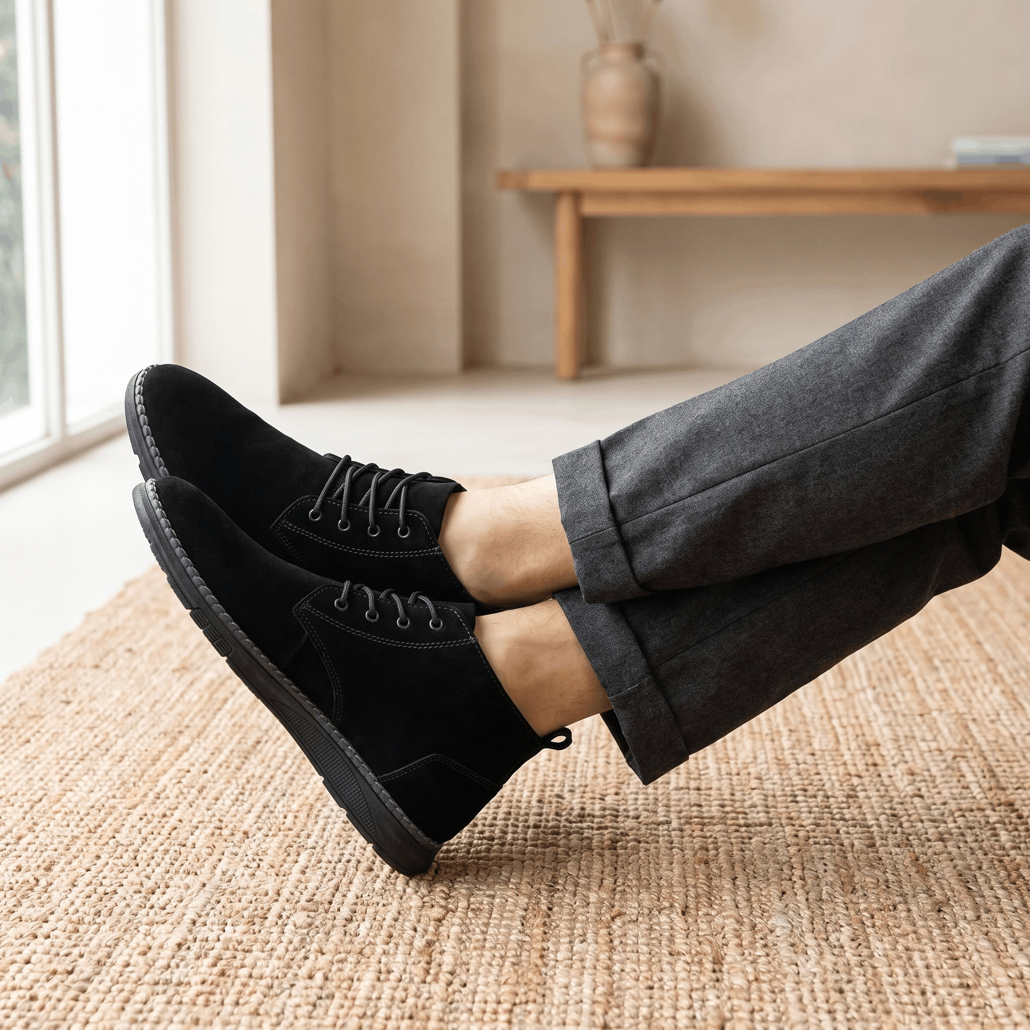 Black vegan suede chukka boots worn with dark trousers indoors.