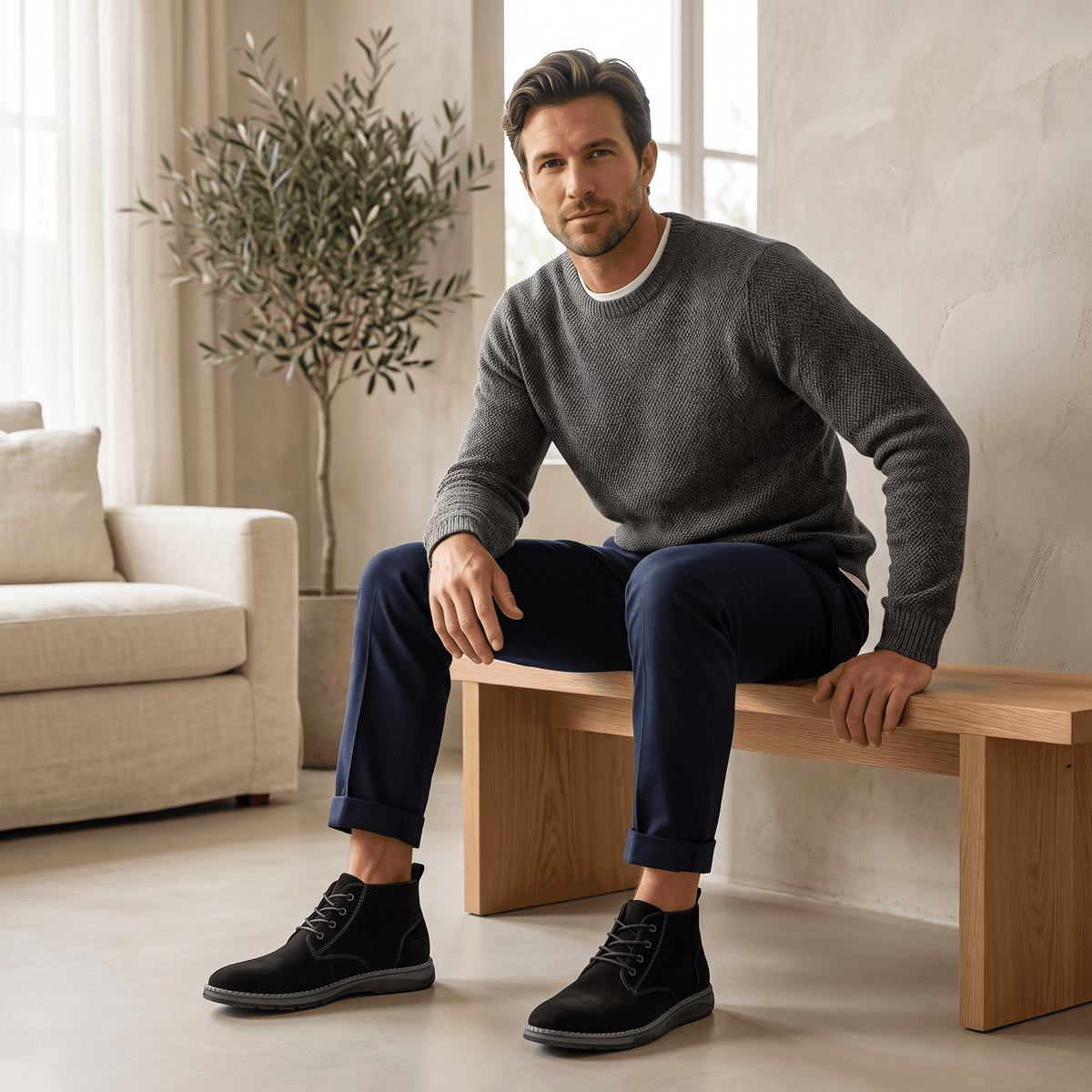 Man seated indoors wearing black vegan suede chukka boots with dark trousers.