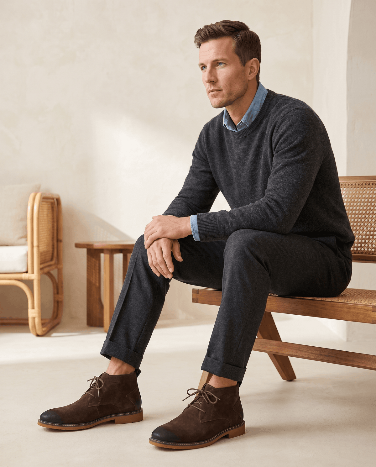 Dark brown vegan suede chukka boots with a three-eyelet lace-up design and a flat, welted rubber outsole.