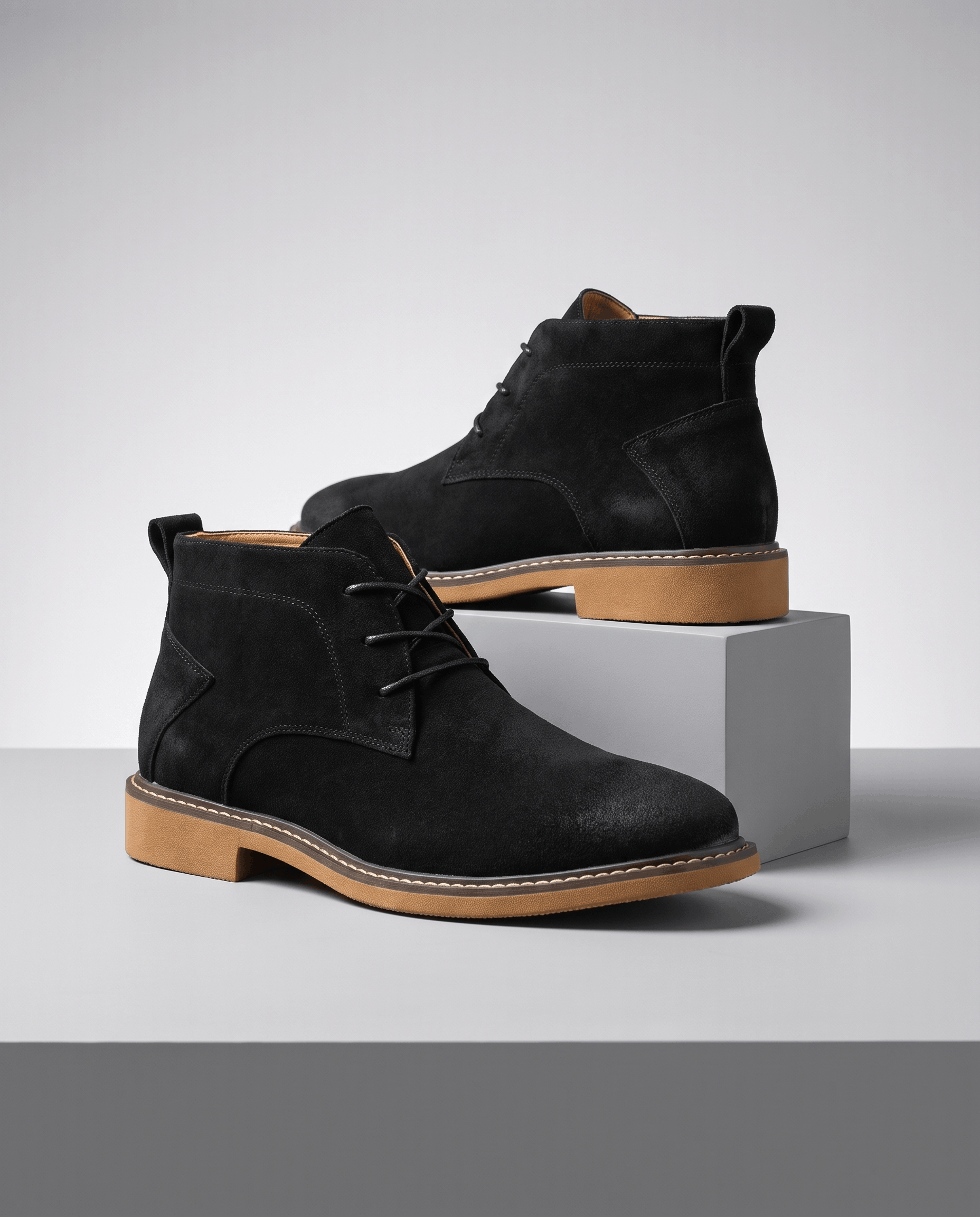 Black vegan suede chukka boots with three-eyelet lacing, tan welted rubber outsoles, and a matte finish.
