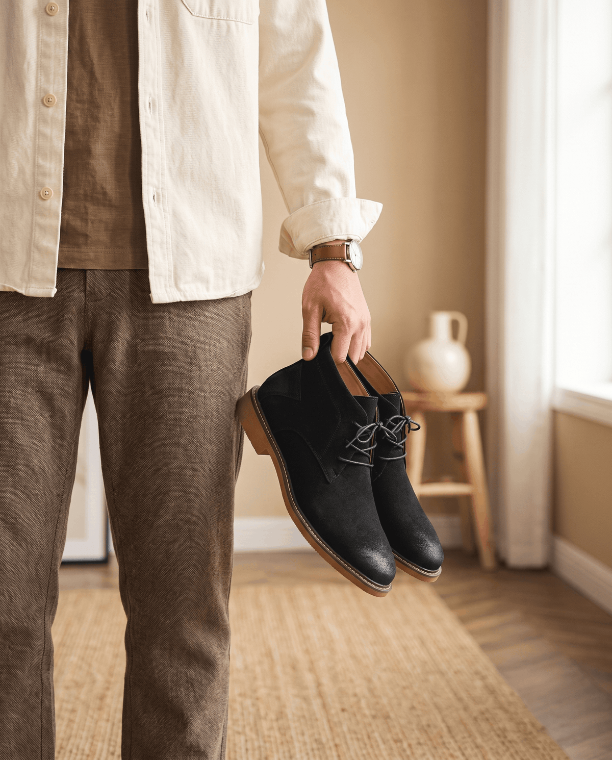 Black vegan suede chukka boots with three-eyelet lacing and a sturdy welted rubber outsole held in a hand.
