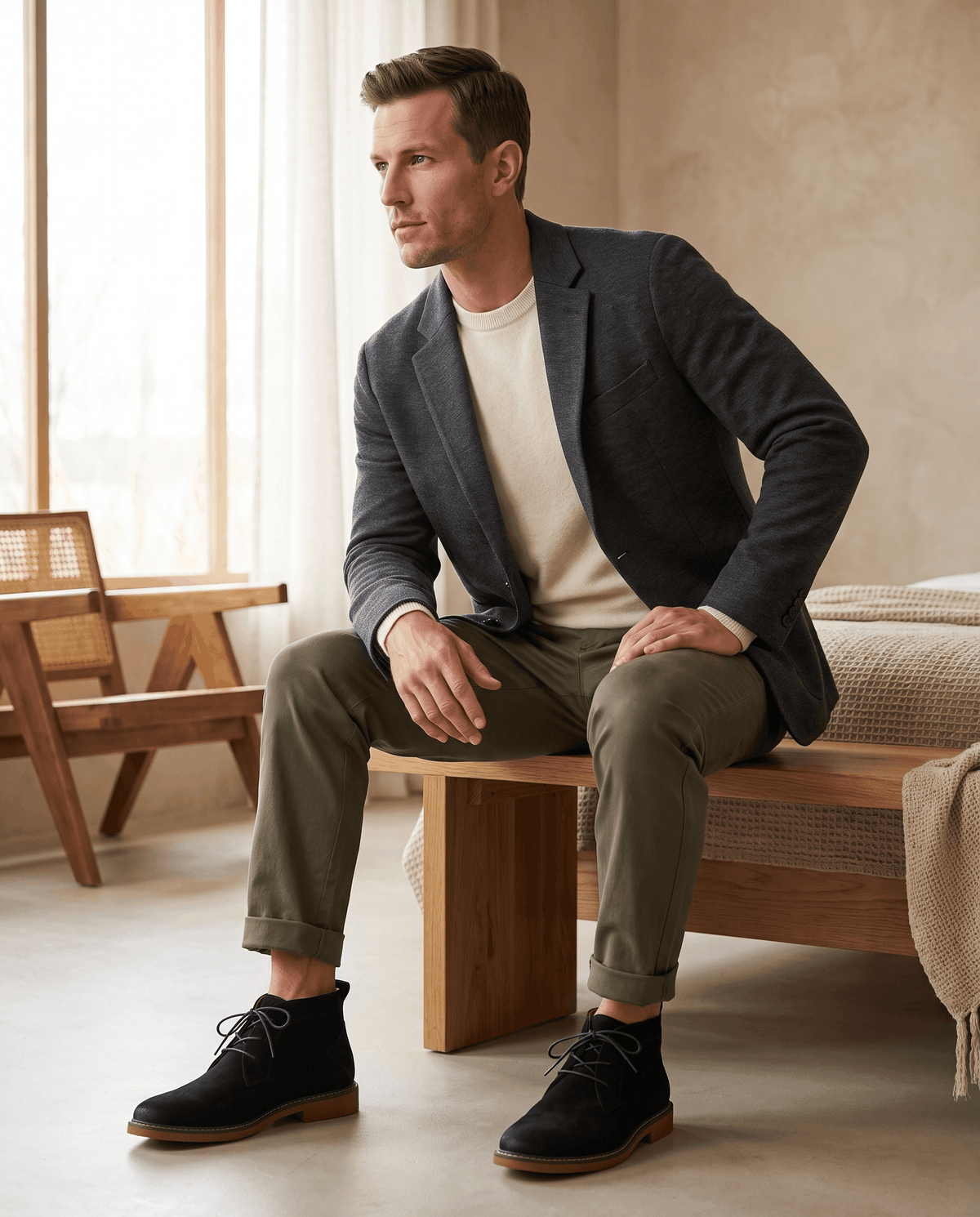 Black vegan suede chukka boots with three-eyelet lacing and a welted rubber outsole worn with olive trousers.