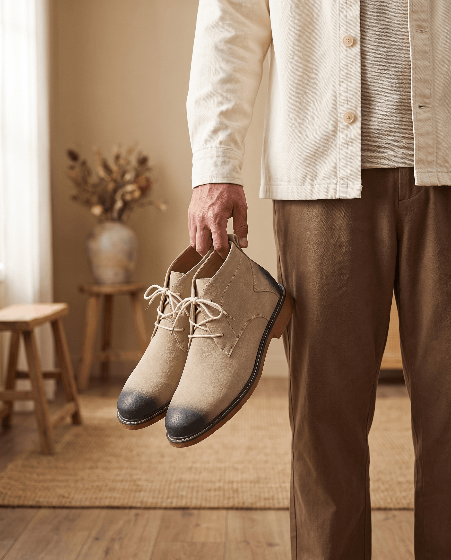Beige vegan suede chukka boots with three-eyelet lacing, dark toe detailing, and a welted rubber outsole.