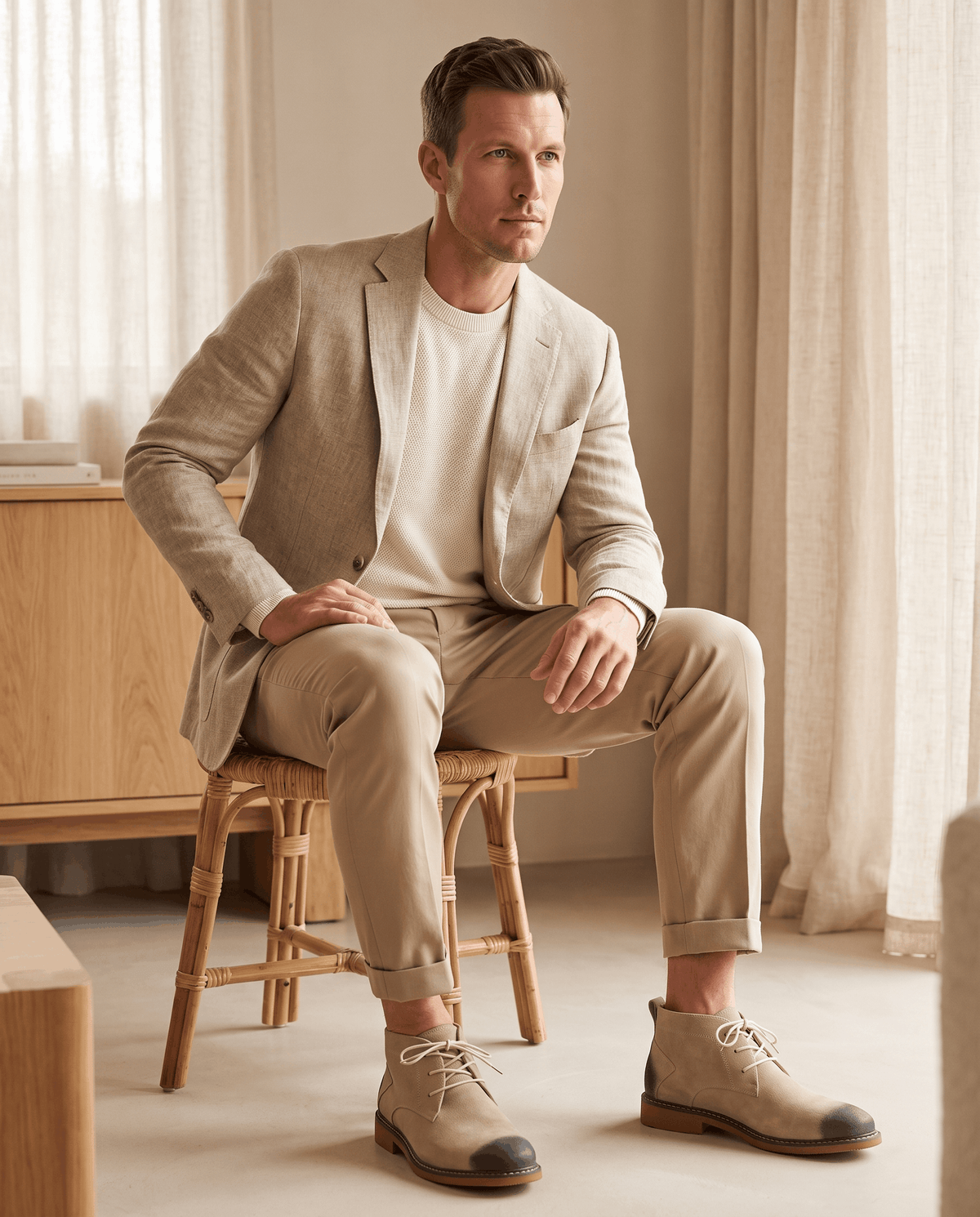 Beige vegan suede chukka boots with three-eyelet lacing, stitched welt, and rubber outsole worn with tailored chinos.