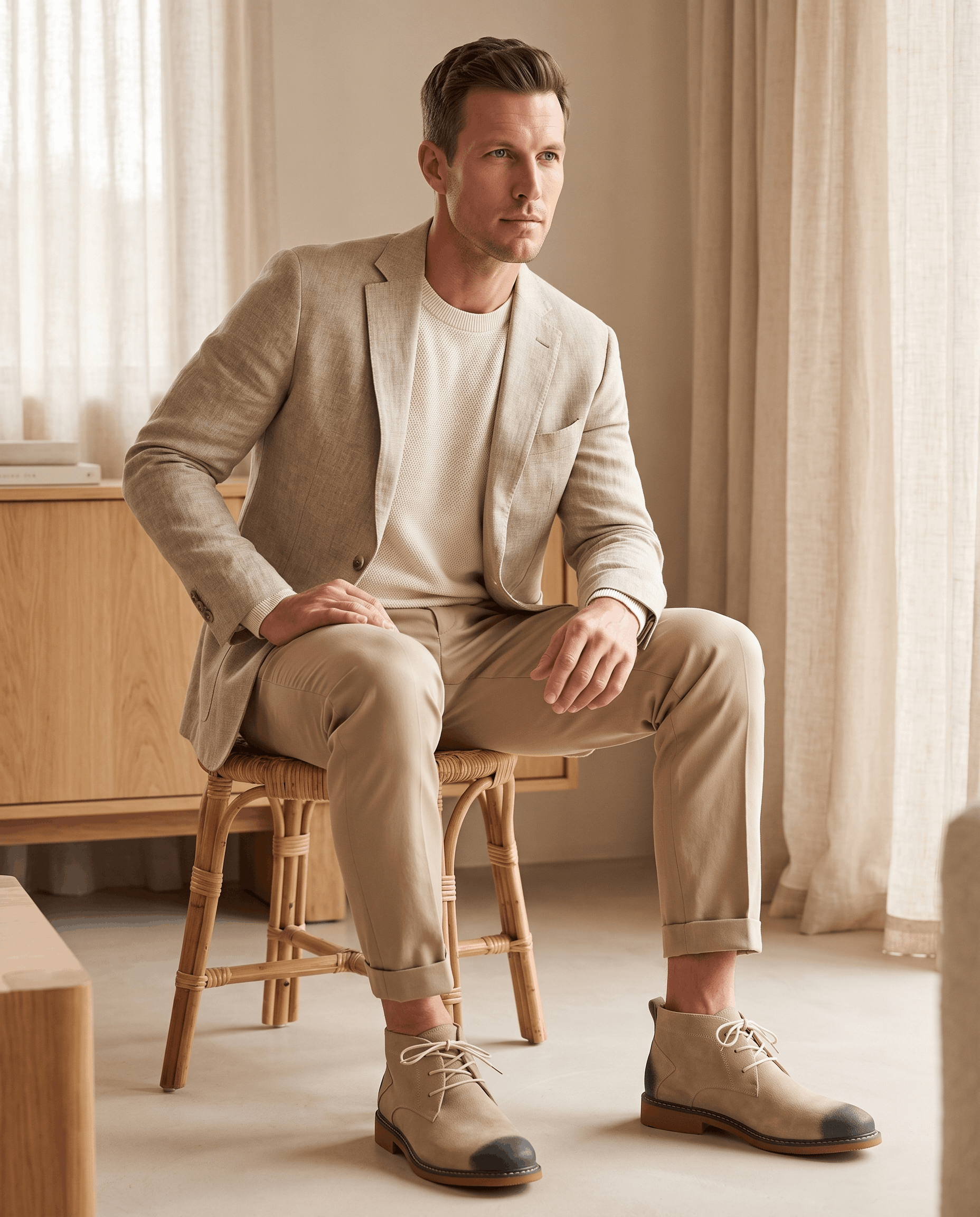 Beige vegan suede chukka boots with three-eyelet lacing, stitched welt, and rubber outsole worn with tailored chinos.
