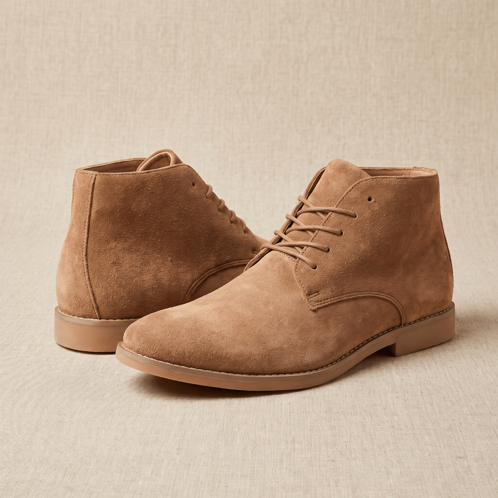 Pair of khaki vegan suede lace-up desert boots displayed on a neutral background.