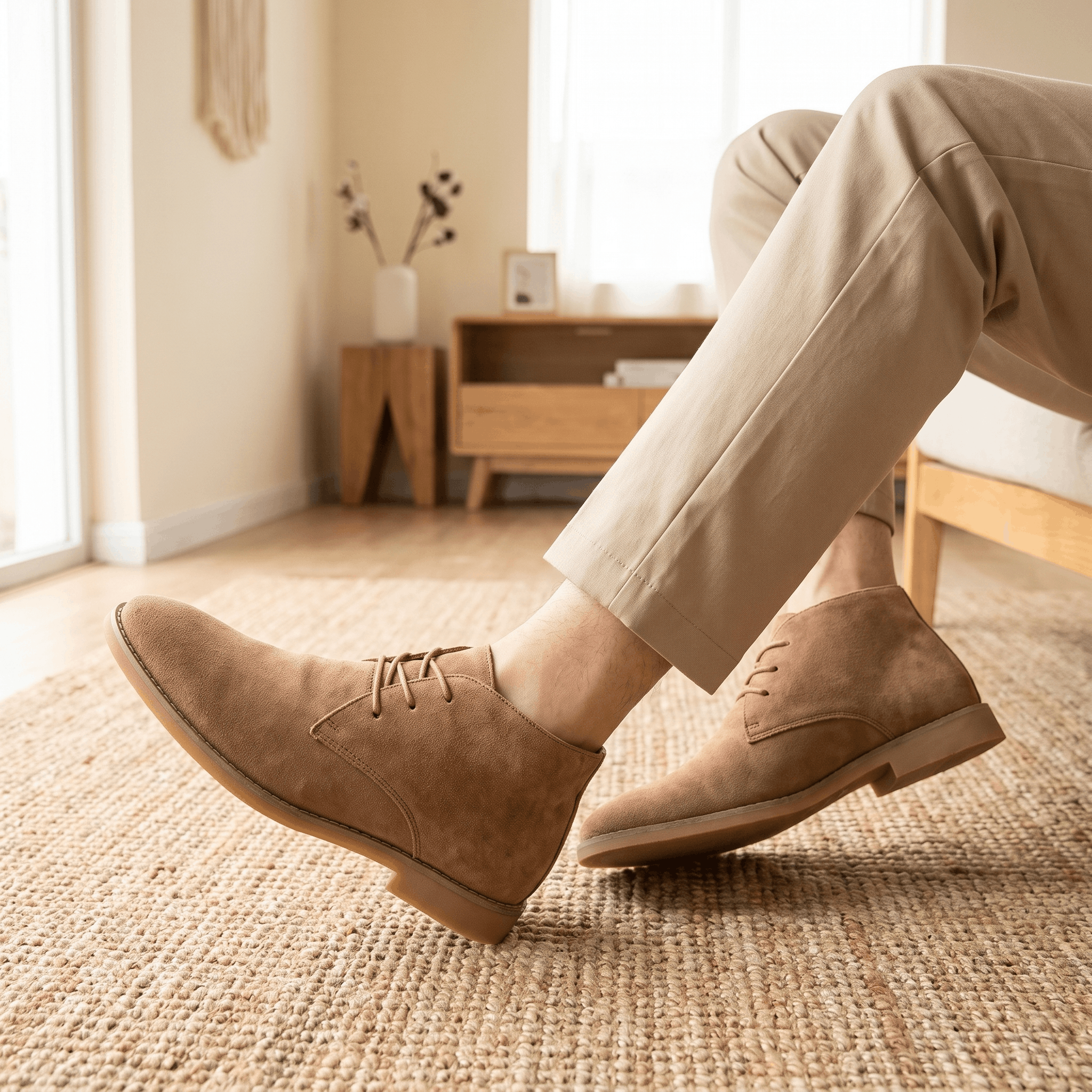 Khaki vegan suede desert boots with plain toes worn with beige trousers indoors.