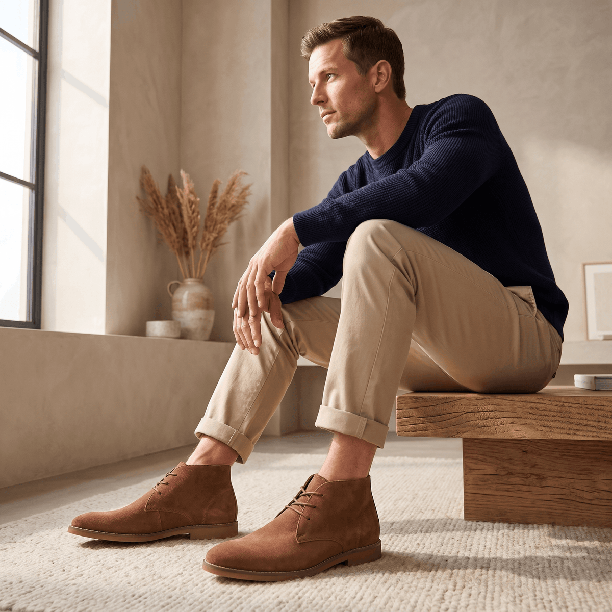 Man seated indoors wearing khaki vegan suede desert boots with beige trousers.