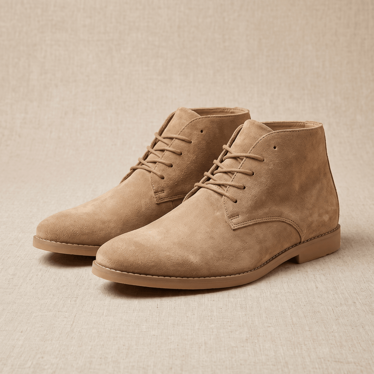 Pair of brown vegan suede desert boots with slim stitched soles on a neutral background.