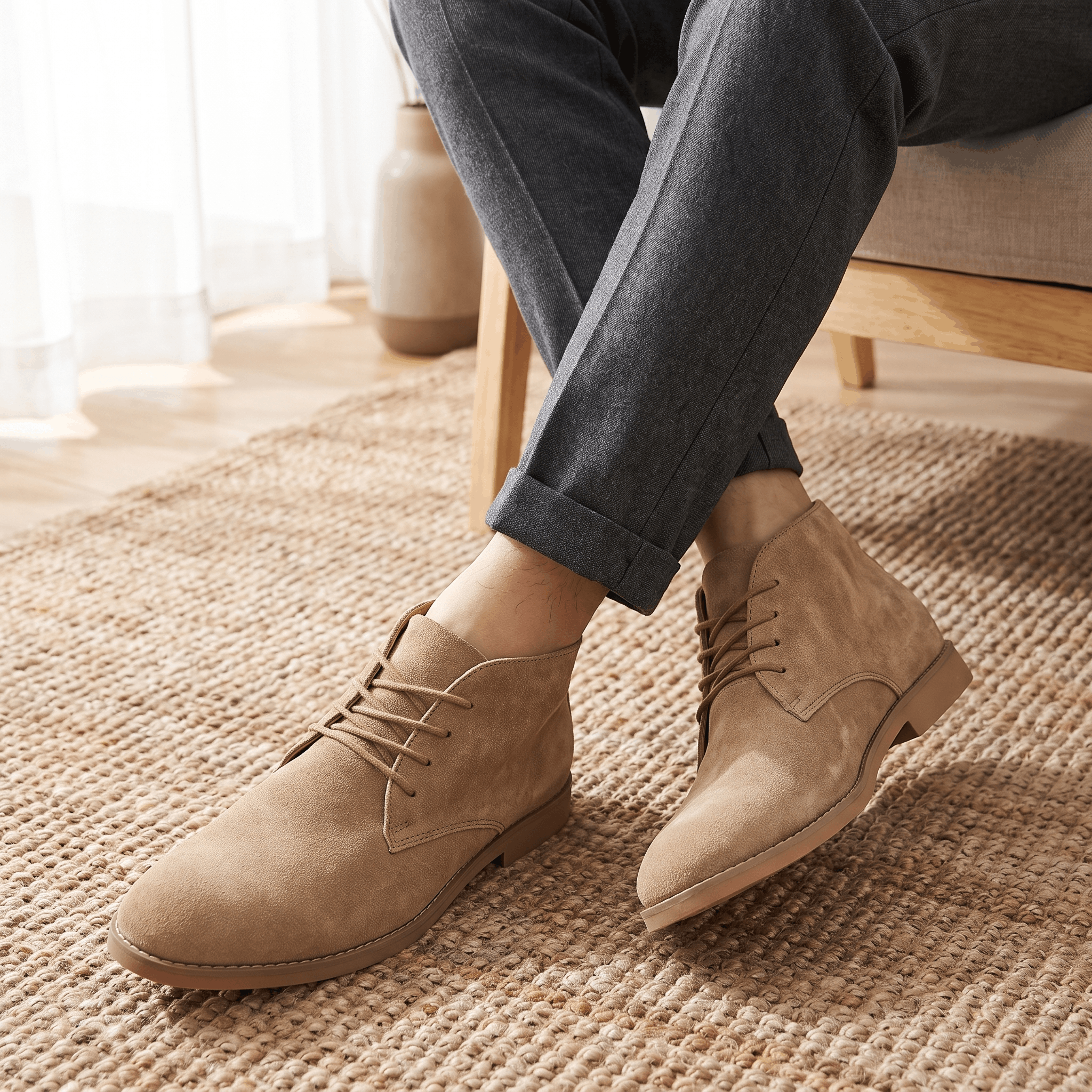 Brown vegan suede desert boots worn with dark trousers indoors.