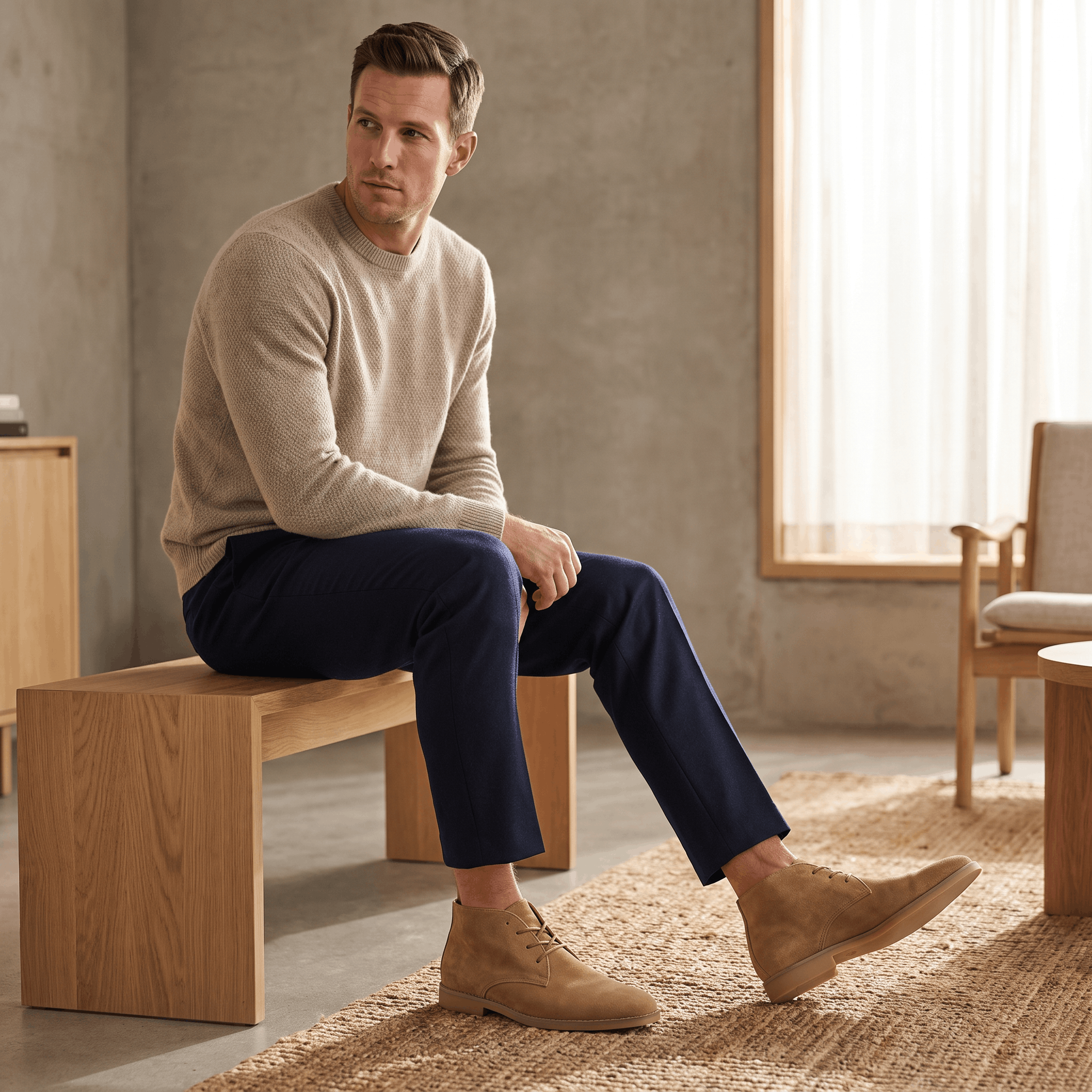 Man seated indoors wearing brown vegan suede desert boots with a plain toe.