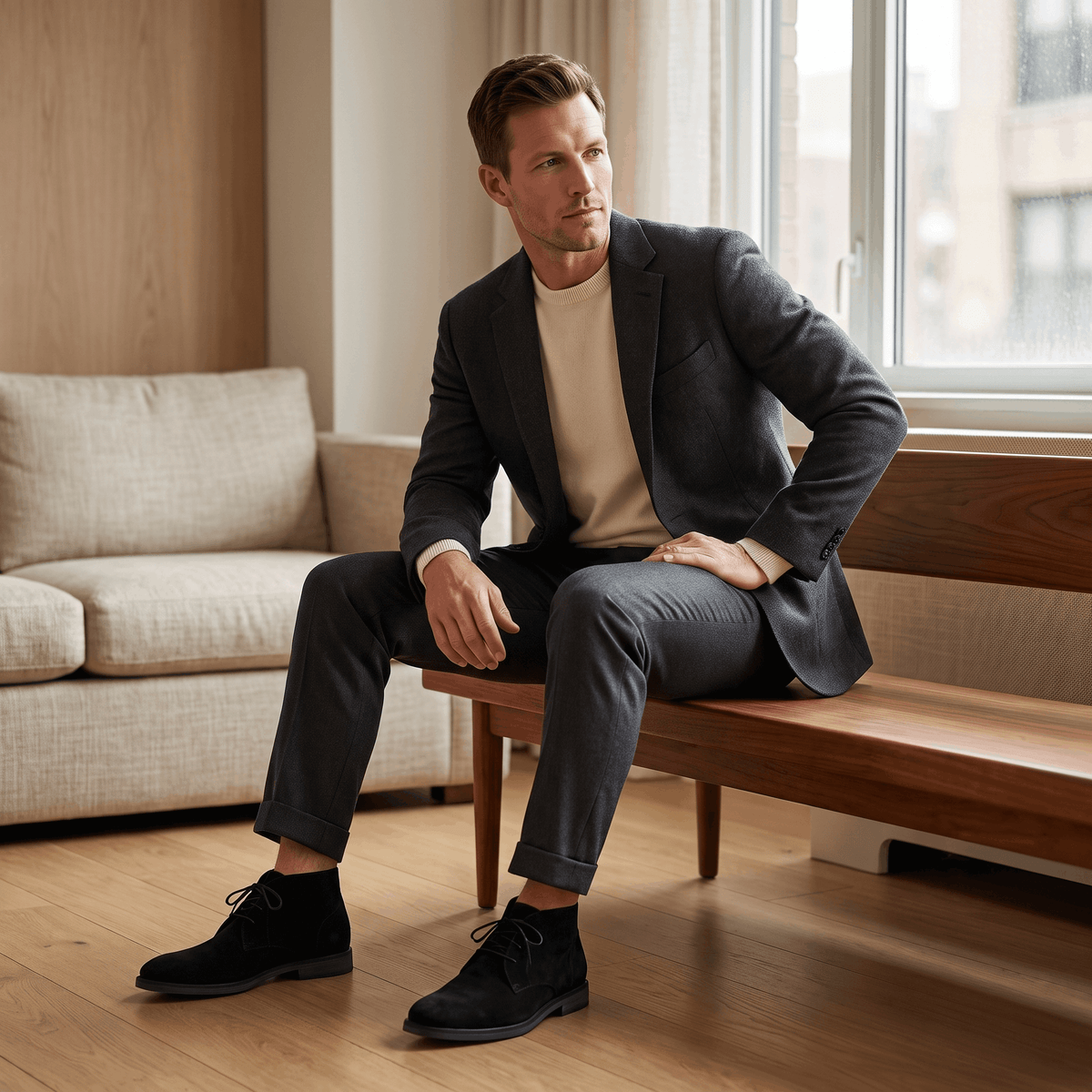 Man seated indoors wearing black vegan suede desert boots with a plain toe.