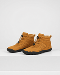 Brown water-repellent winter ankle boots with fleece-lined collars, bungee lace toggles, and flexible black rubber soles.