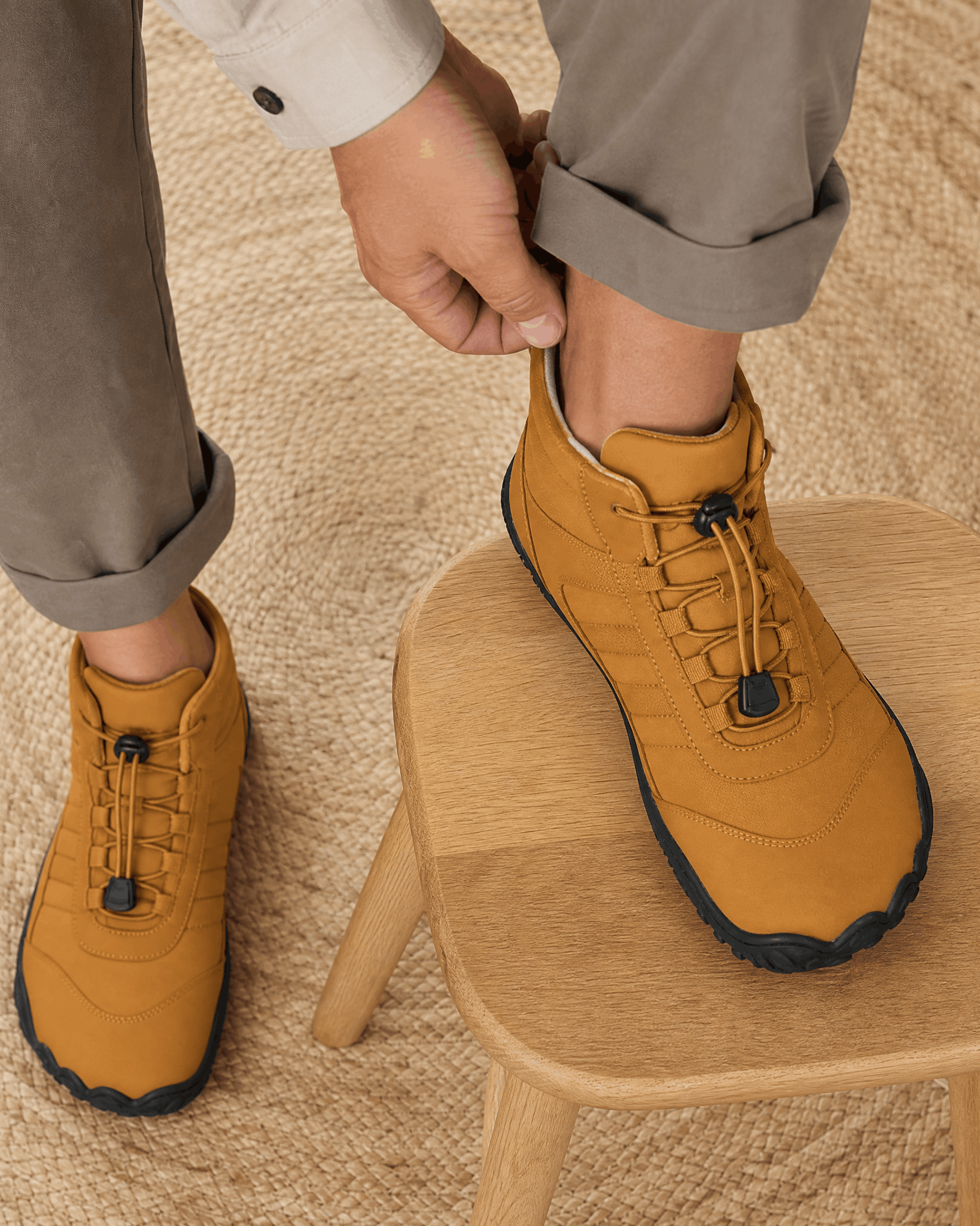 Brown water-repellent winter ankle boots with fleece lining, flexible rubber soles, and bungee lace toggles.